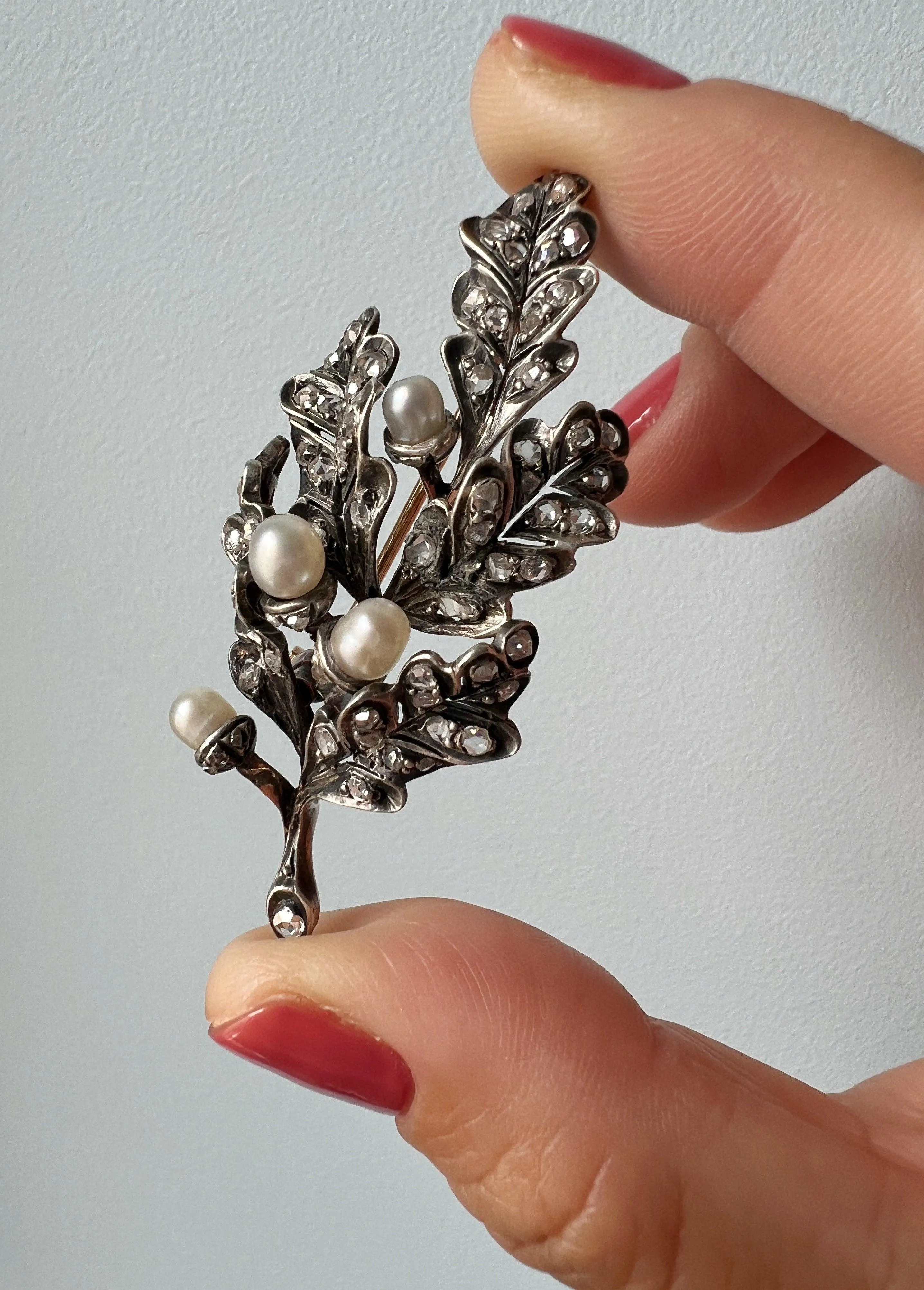 Antique 18k gold natural pearl diamond acorn oak leaves brooch