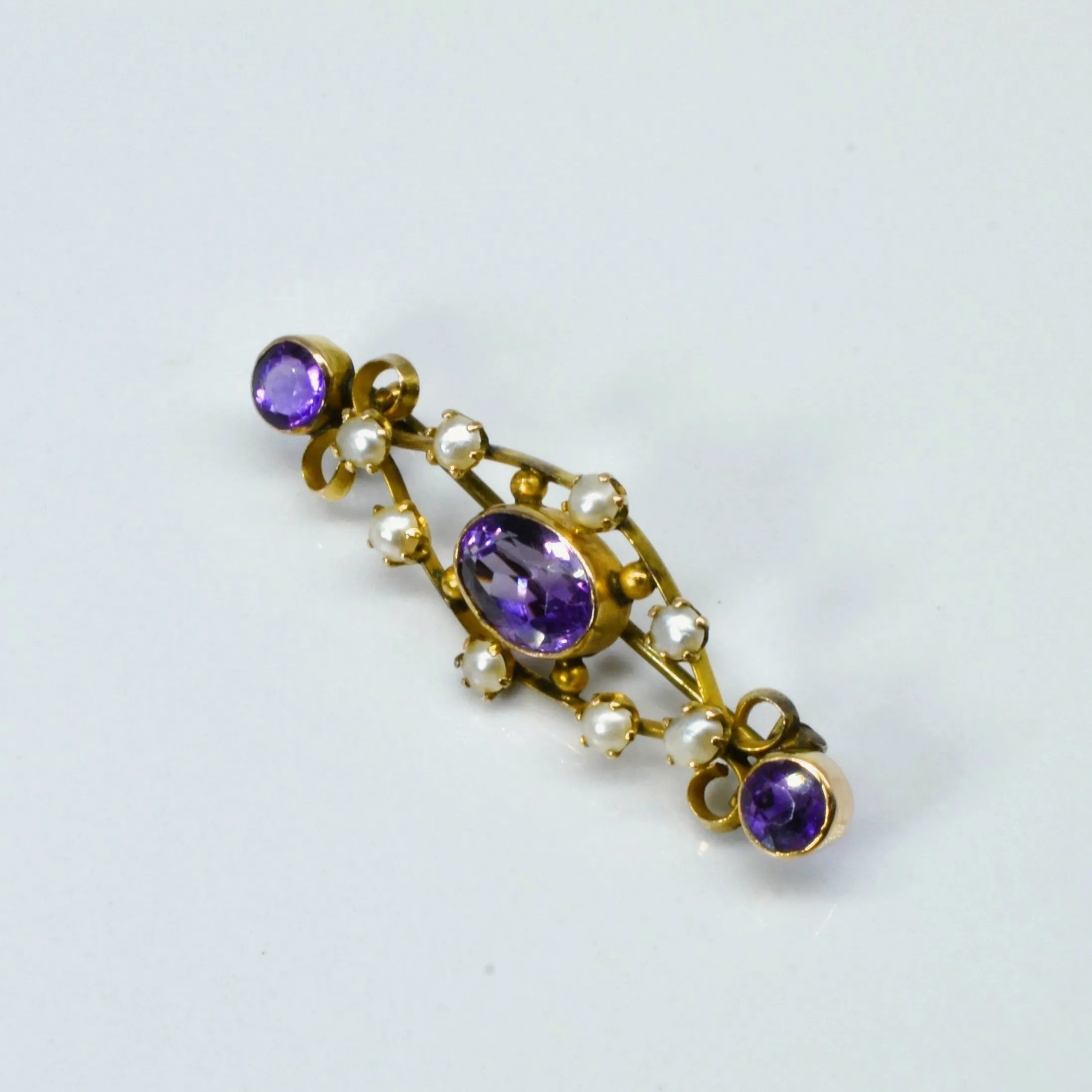 Antique 9k Amethyst & Pearl Vintage Brooch