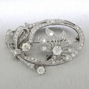 Antique Art Deco Platinum 3.00ctw F/VS2 Diamond Floral Oval Brooch Pendant