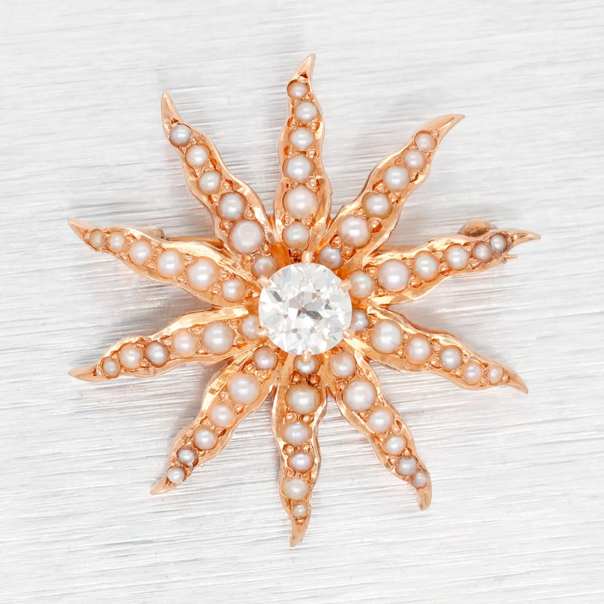 Antique Art Deco Sunstar Diamond & Pearl Starfish Charm / Brooch Pin - 14k Yellow Gold