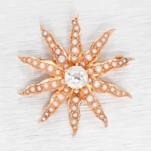 Antique Art Deco Sunstar Diamond & Pearl Starfish Charm / Brooch Pin - 14k Yellow Gold