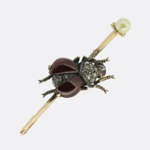 Antique Cabochon Ruby Pearl and Diamond Fly Brooch