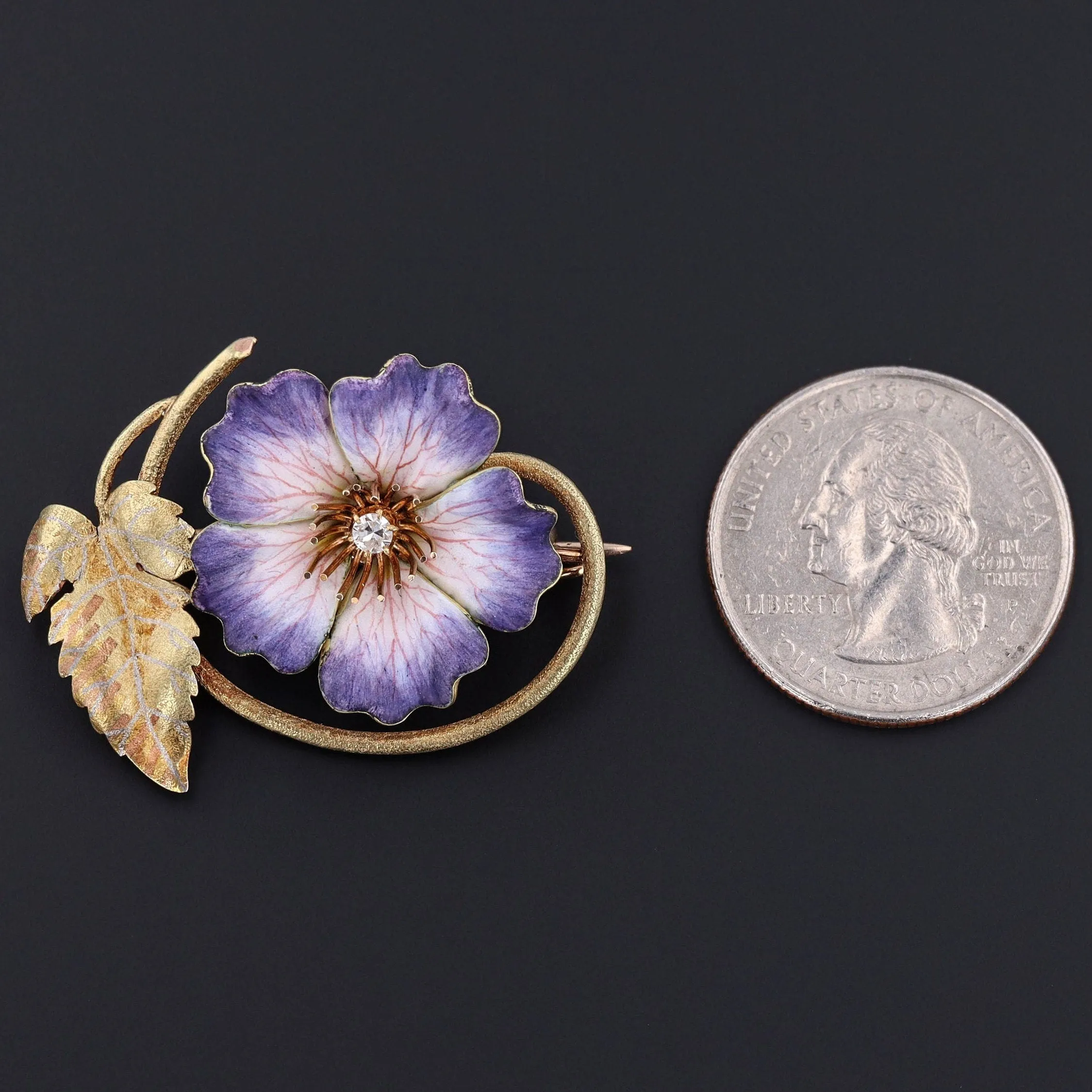 Antique Enamel and Diamond Flower Brooch of 14k Gold