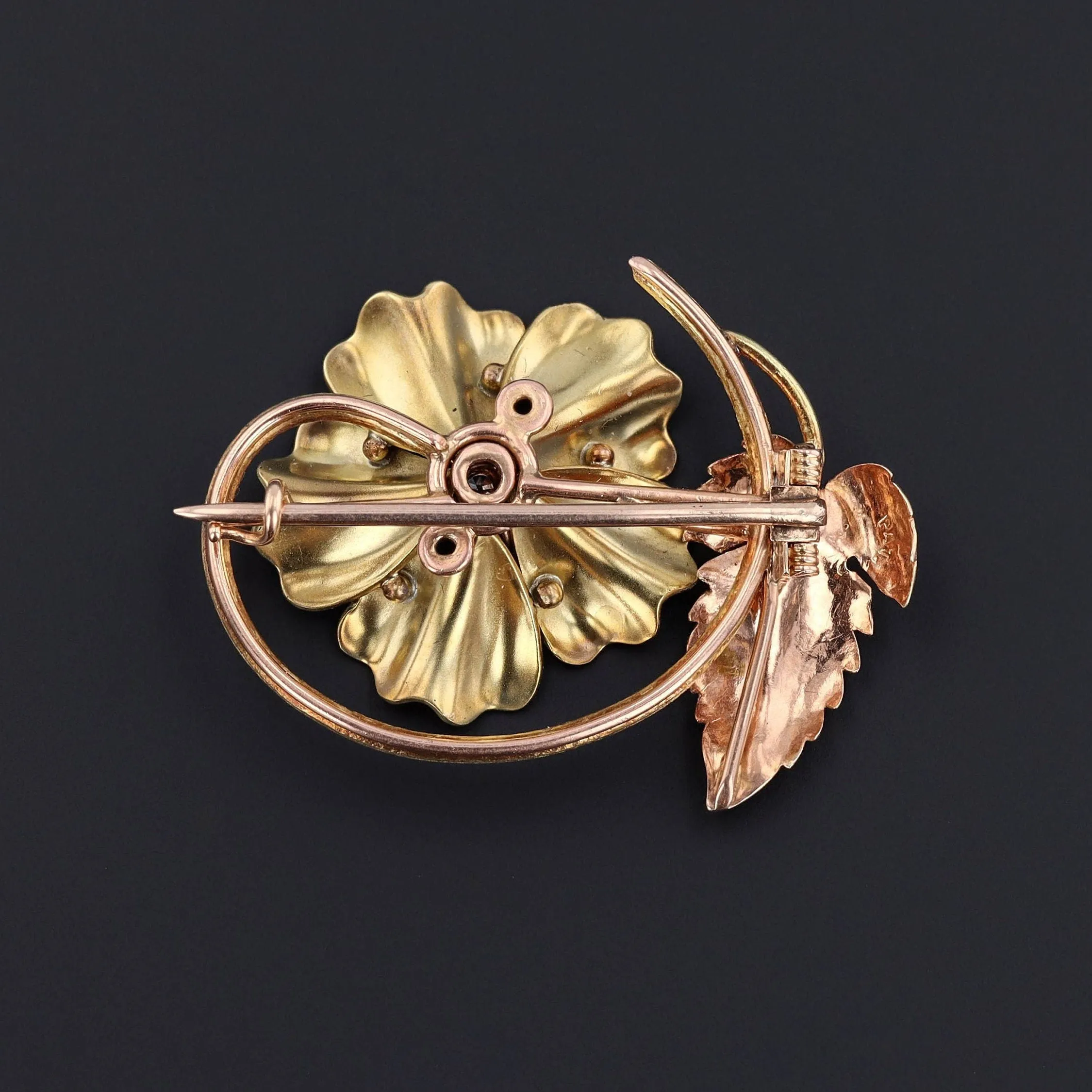 Antique Enamel and Diamond Flower Brooch of 14k Gold