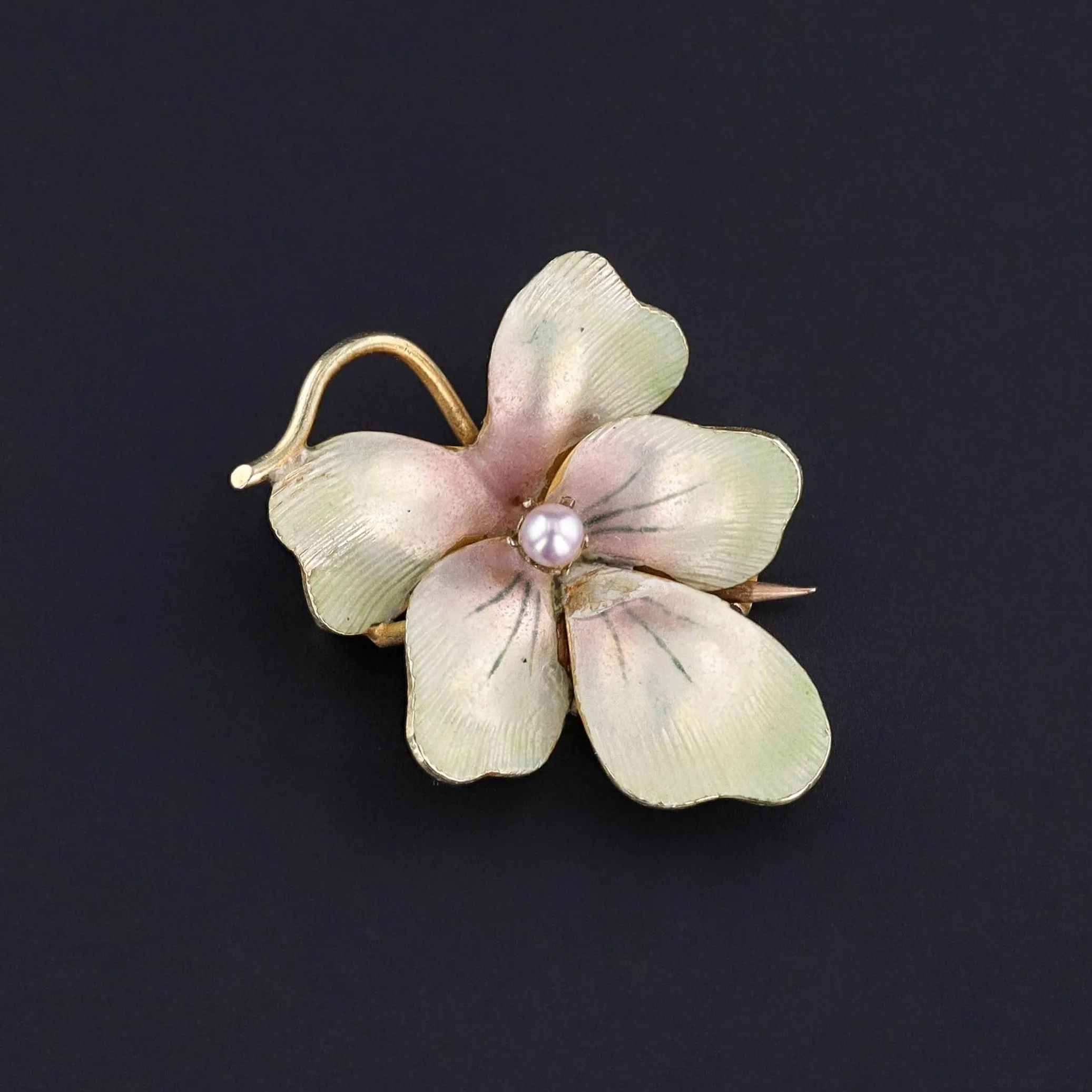 Antique Enamel Flower Brooch of 10k Gold