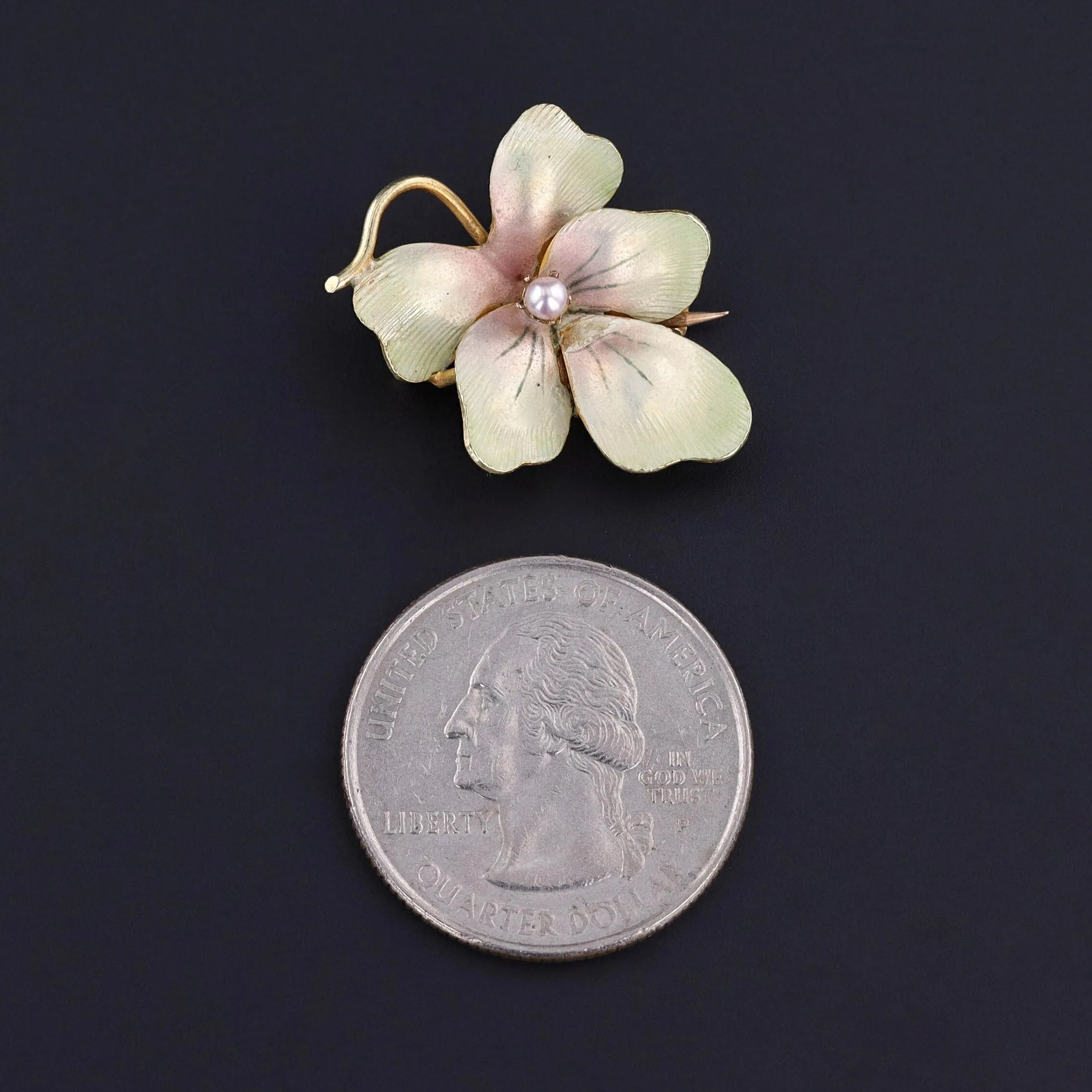 Antique Enamel Flower Brooch of 10k Gold