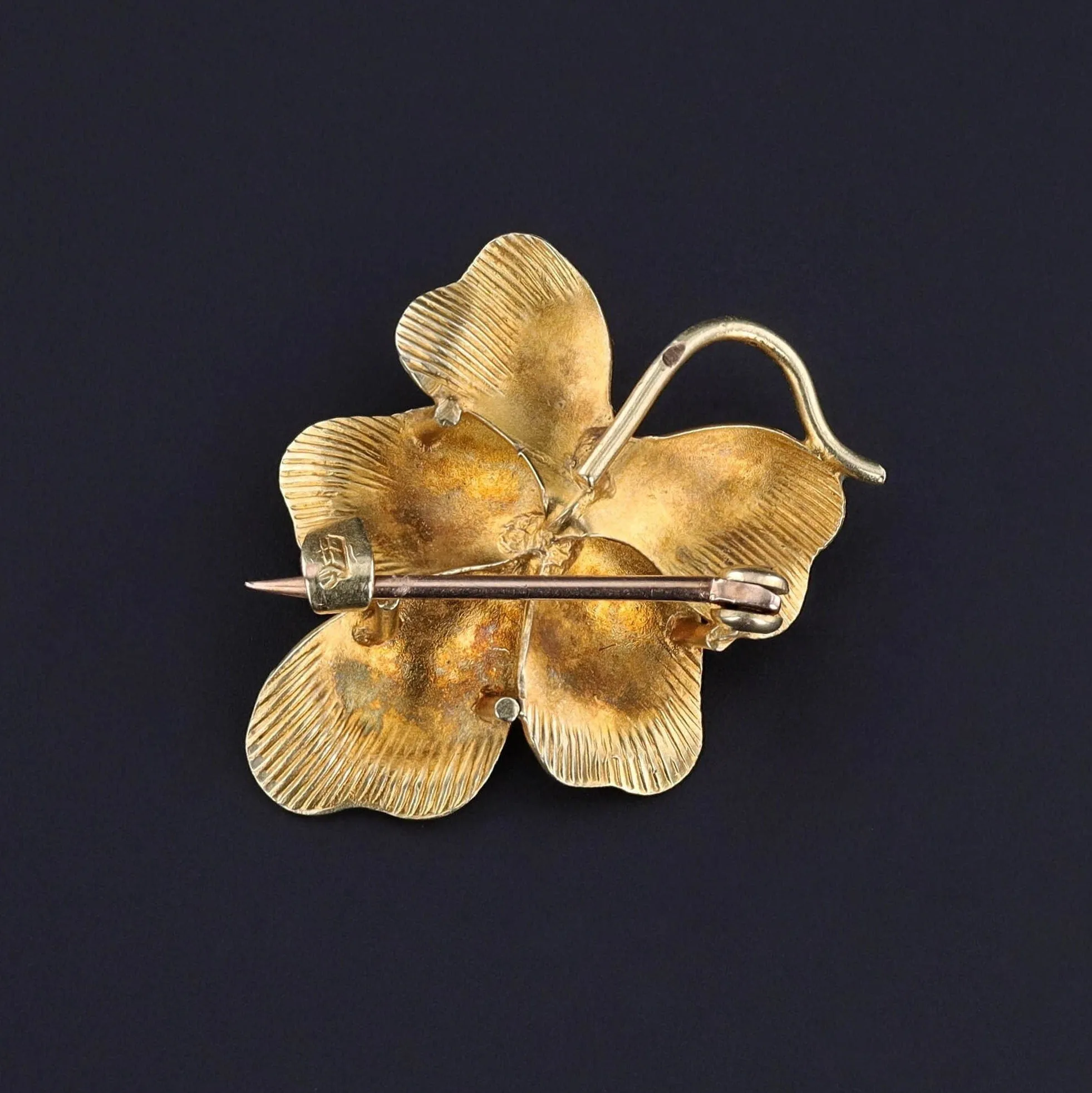 Antique Enamel Flower Brooch of 10k Gold