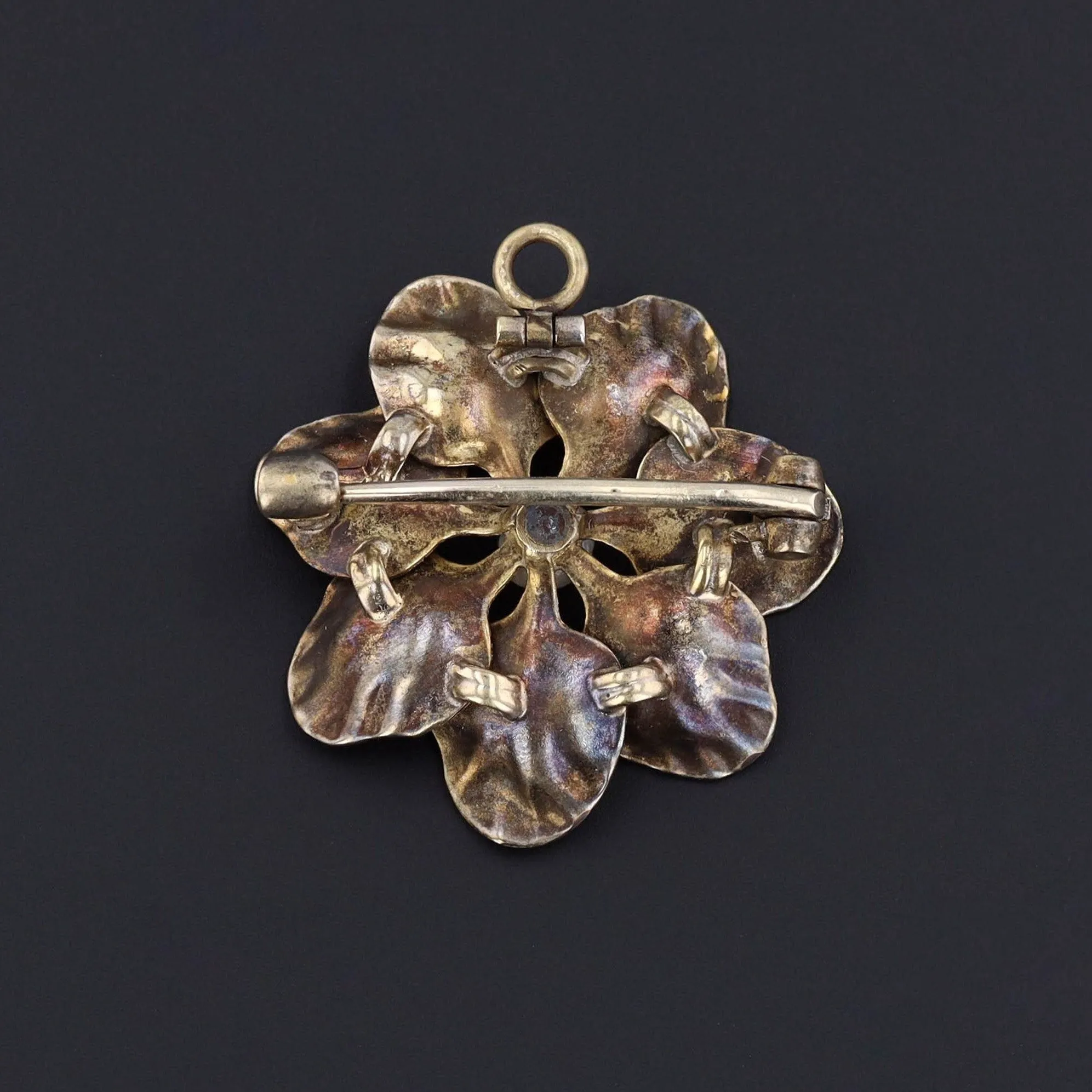 Antique Enamel Flower Pendant or Brooch of 14k Gold