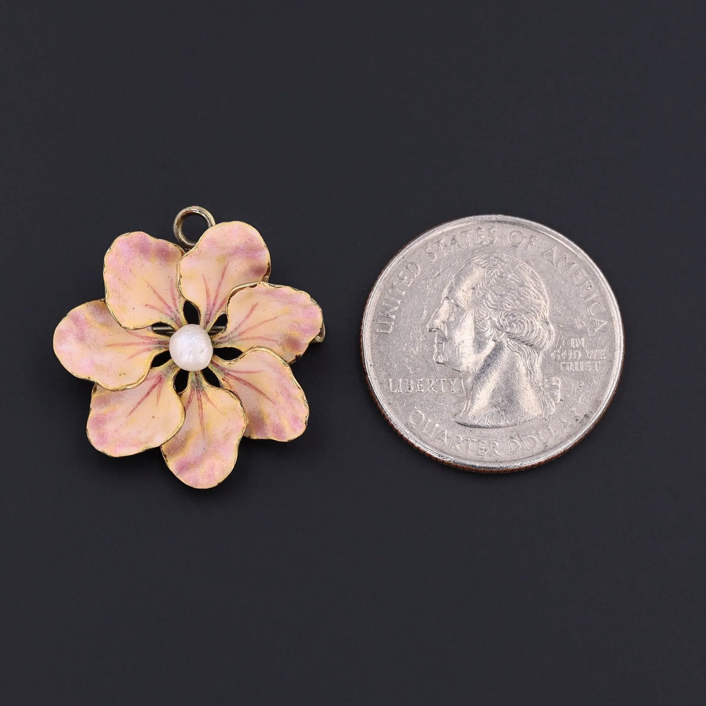 Antique Enamel Flower Pendant or Brooch of 14k Gold