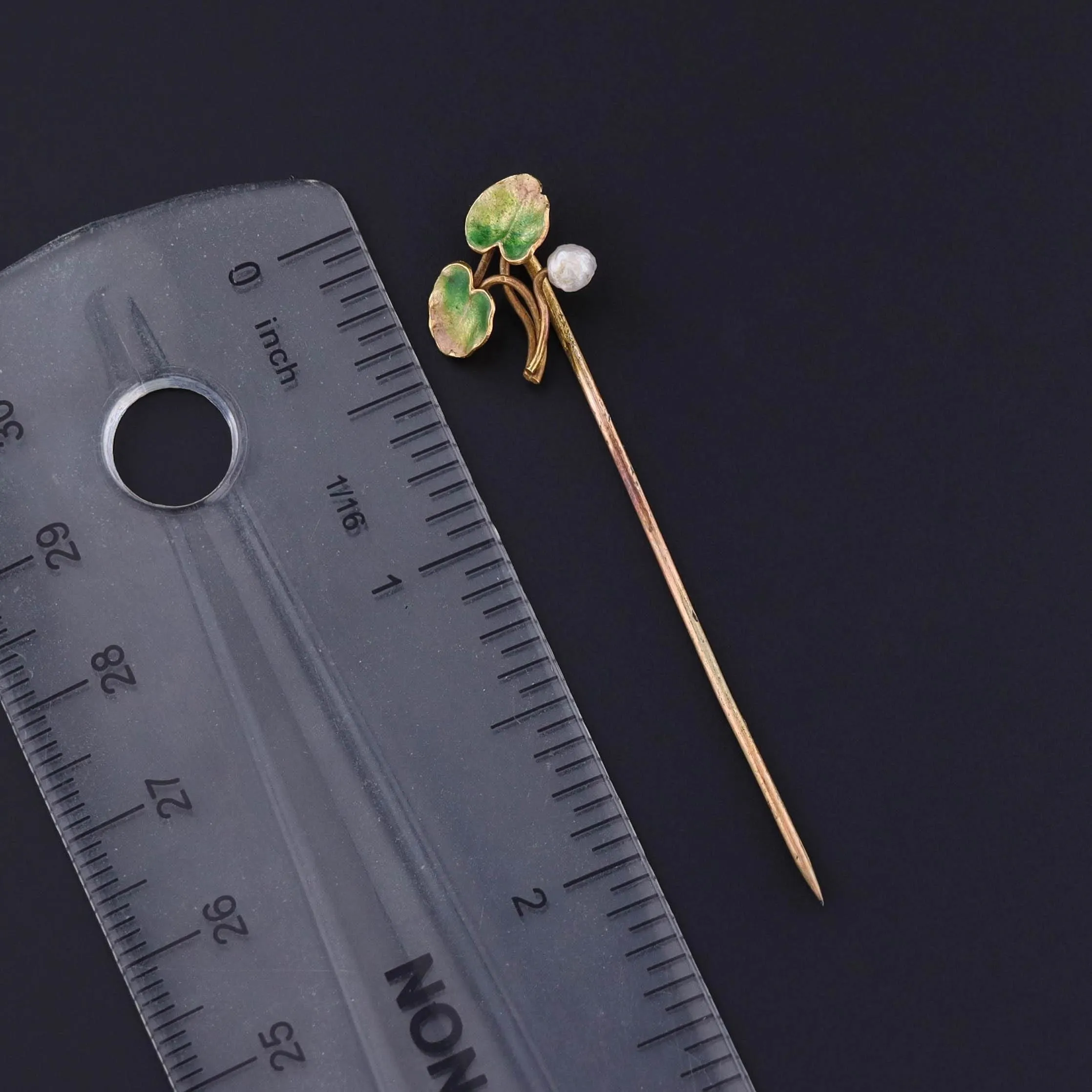 Antique Enamel Lily Pad Stickpin of 14k Gold