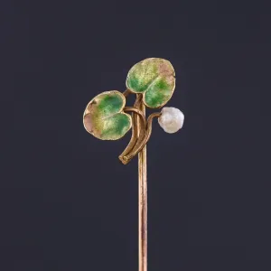 Antique Enamel Lily Pad Stickpin of 14k Gold
