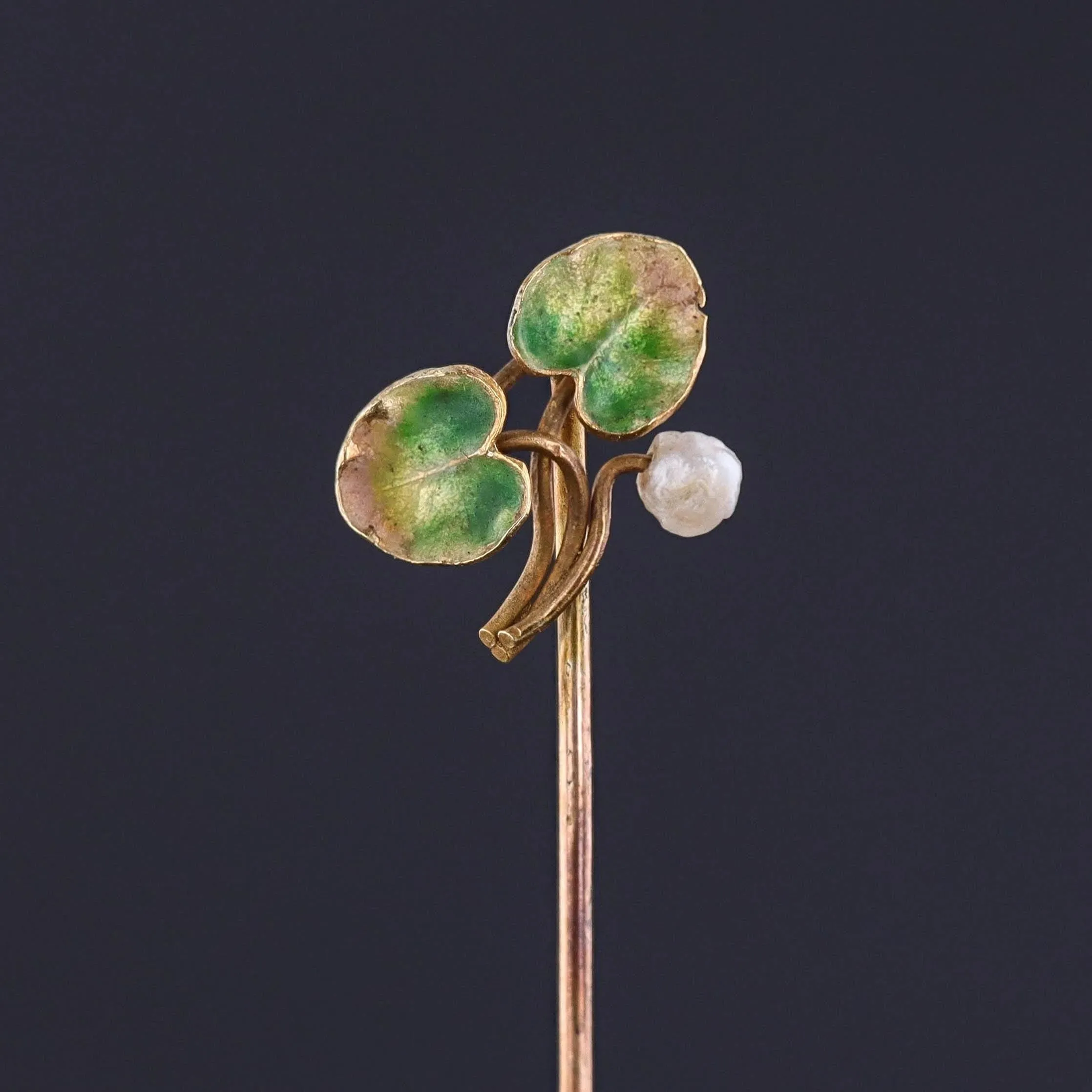 Antique Enamel Lily Pad Stickpin of 14k Gold