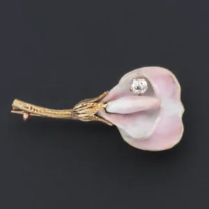 Antique Enamel Sweet Pea Flower Brooch of 18k Gold