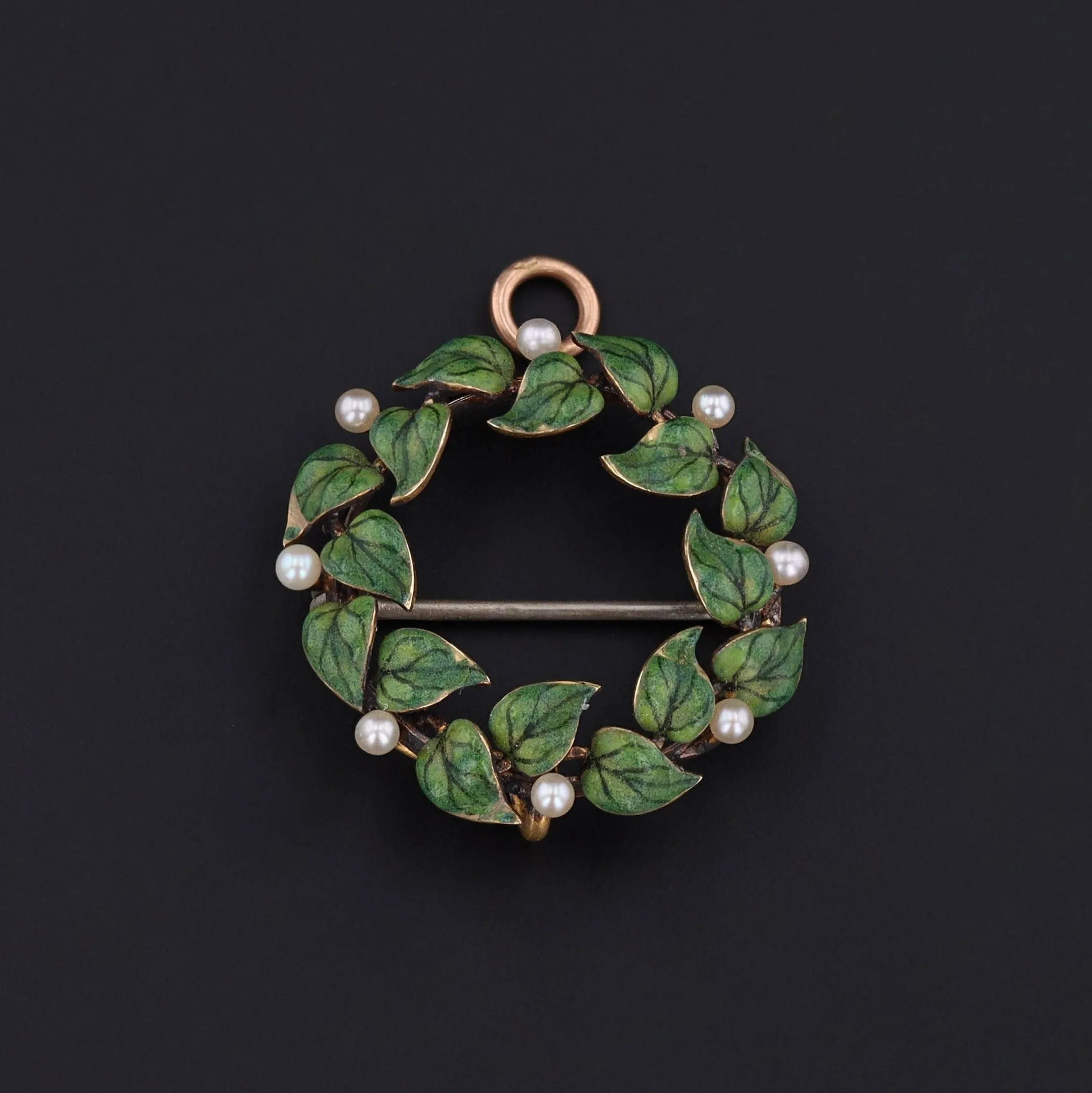 Antique Enamel Wreath in 14k Gold by Krementz