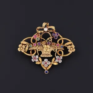 Antique Gemstone Flower Basket Pin | Antique Brooch or Pendant