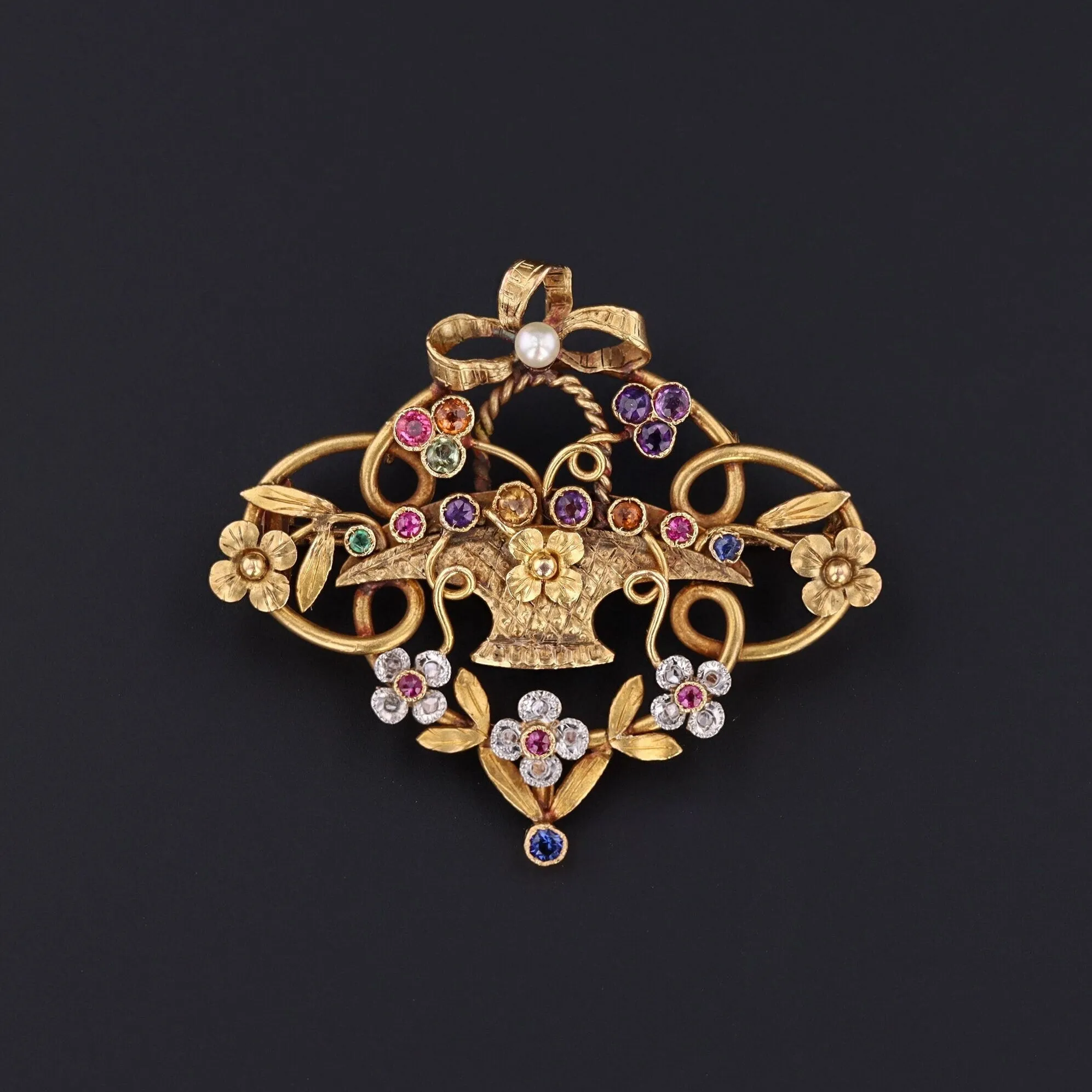 Antique Gemstone Flower Basket Pin | Antique Brooch or Pendant