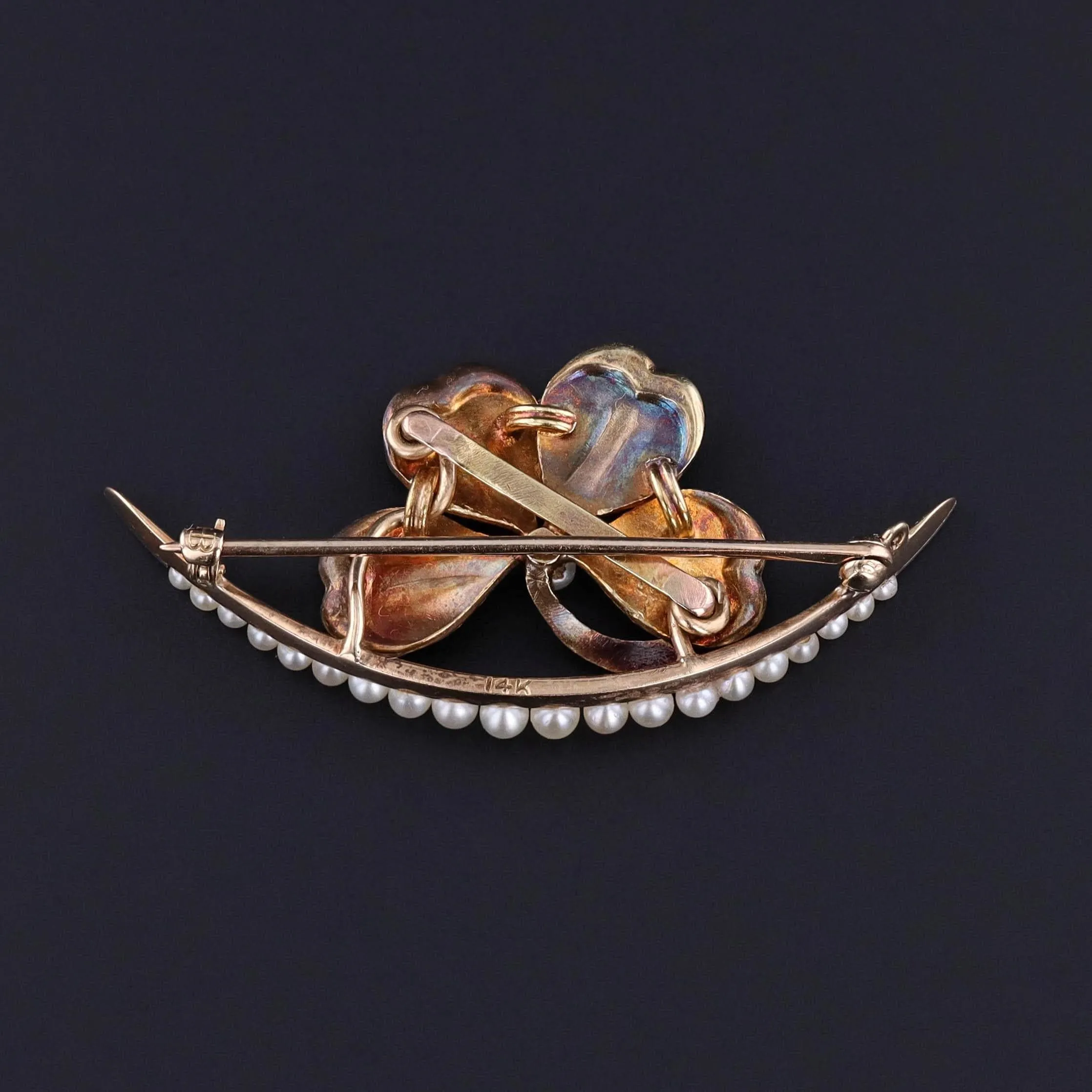 Antique Green Enamel Clover and Crescent Brooch of 14k Gold