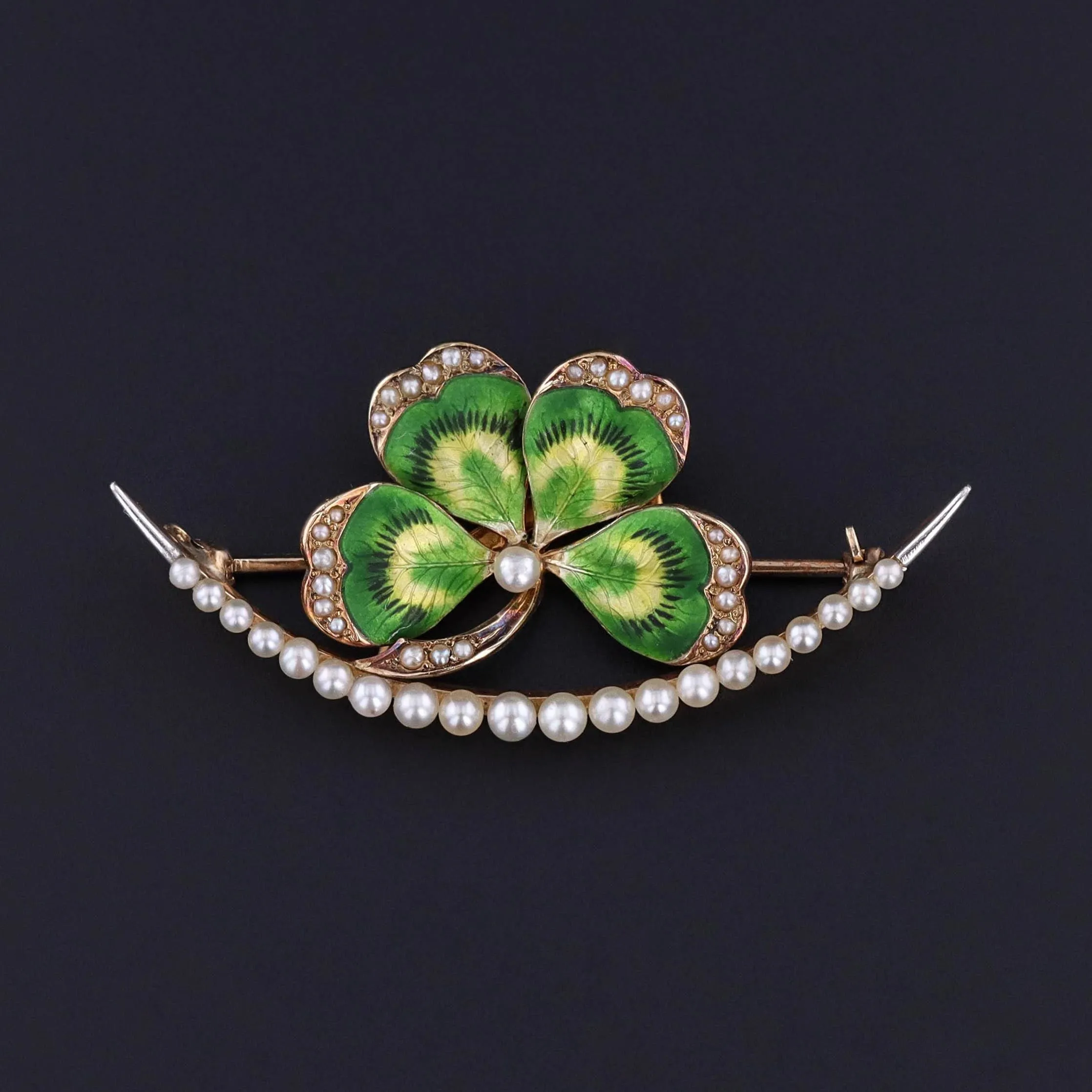 Antique Green Enamel Clover and Crescent Brooch of 14k Gold