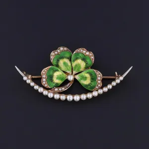 Antique Green Enamel Clover and Crescent Brooch of 14k Gold