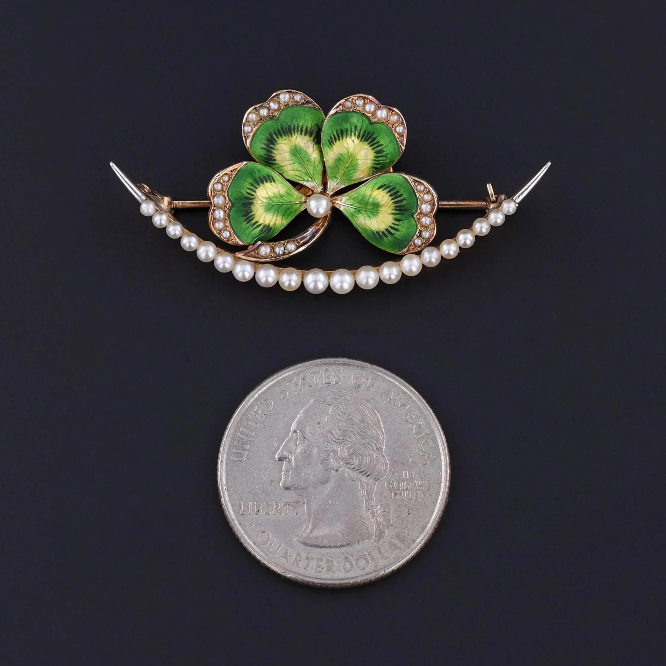 Antique Green Enamel Clover and Crescent Brooch of 14k Gold