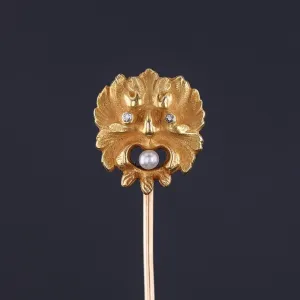 Antique Green Man Stickpin of 14k Gold
