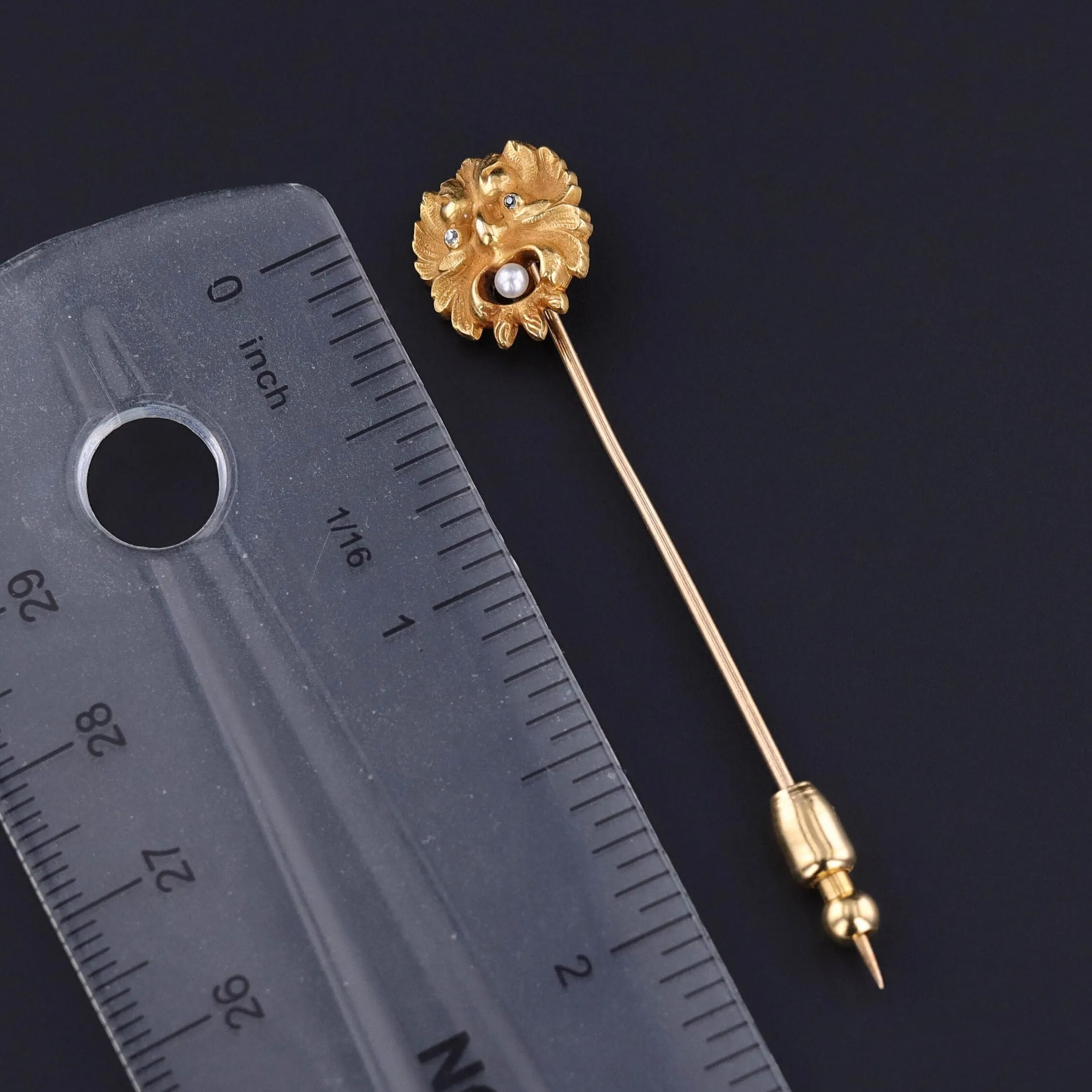 Antique Green Man Stickpin of 14k Gold