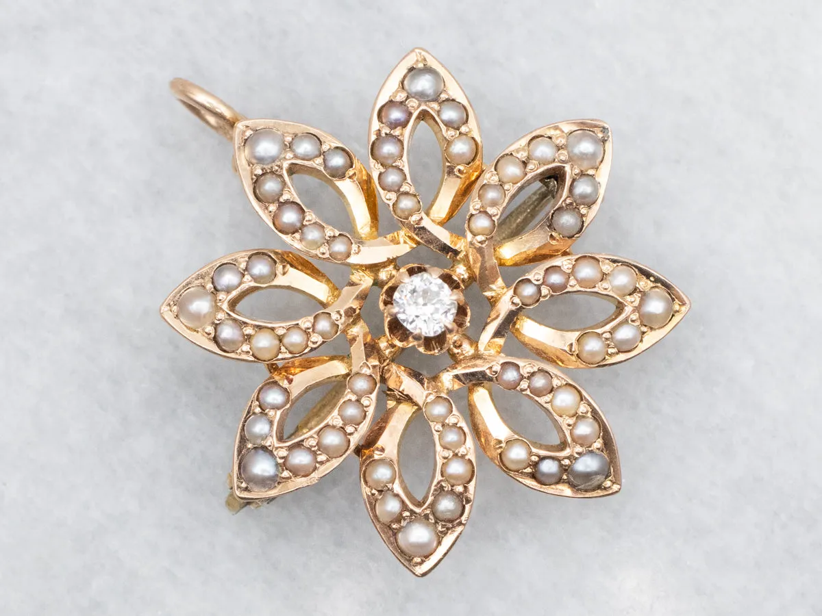 Antique Old Mine Cut Diamond and Seed Pearl Flower Pin or Pendant