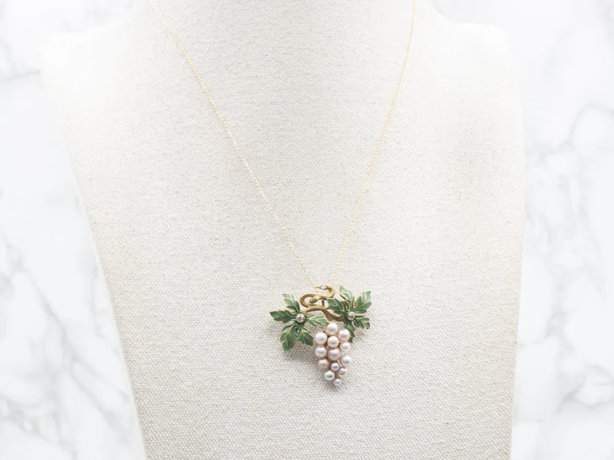 Antique Pearl and Diamond Grape Vine Brooch or Pendant