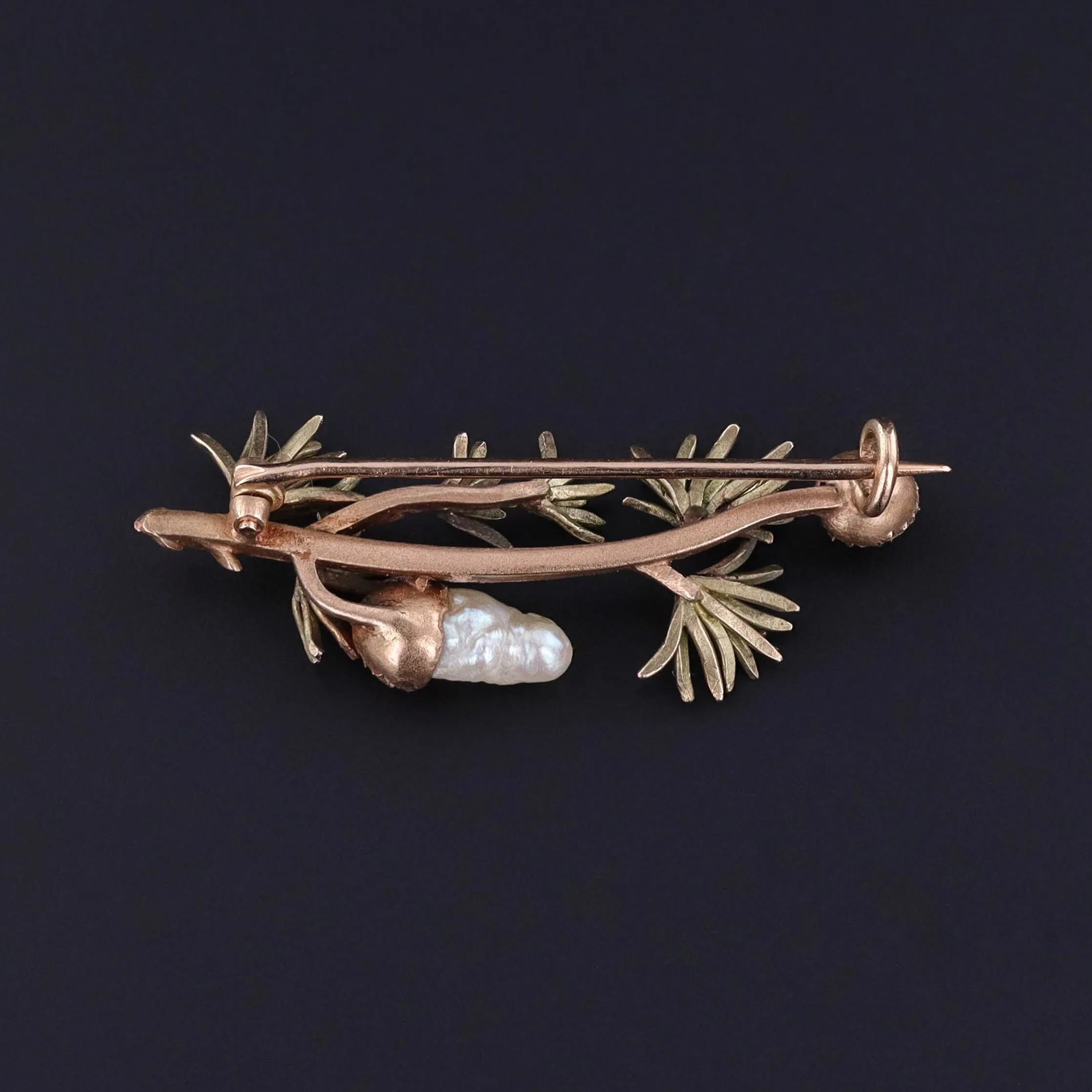 Antique Pearl Pinecone on Branch Brooch of 14k Gold