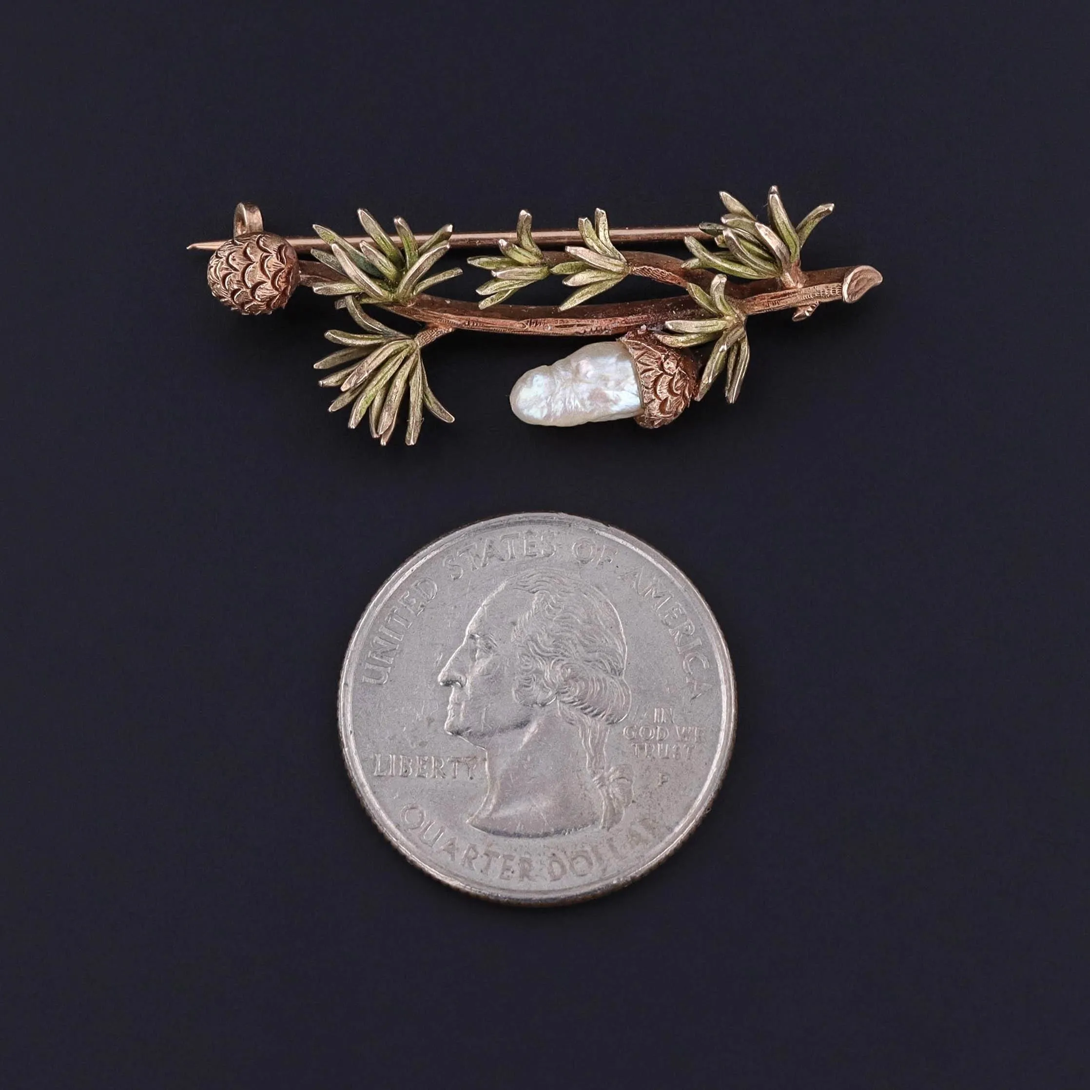 Antique Pearl Pinecone on Branch Brooch of 14k Gold