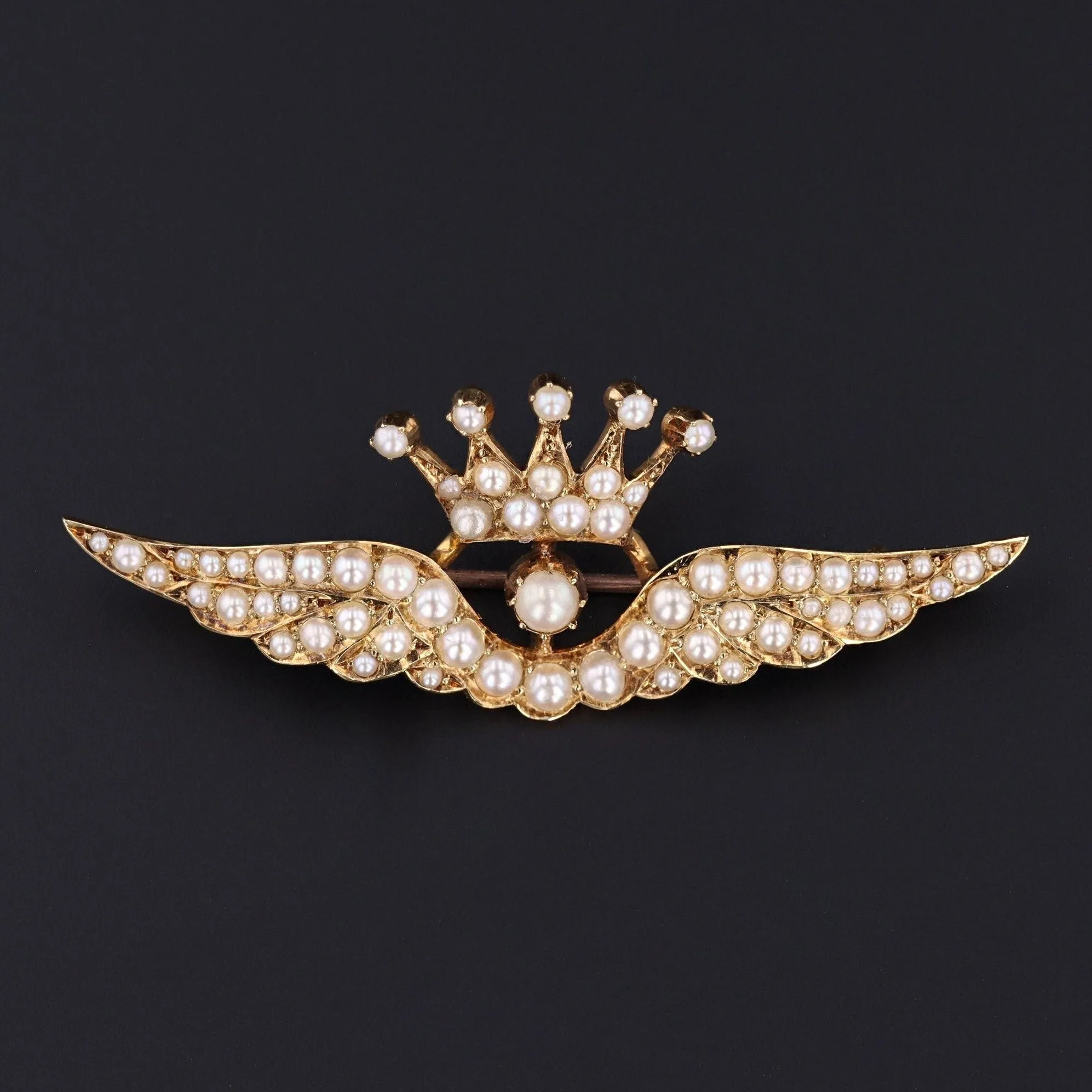 Antique Pearl Wings Brooch of 15ct Gold