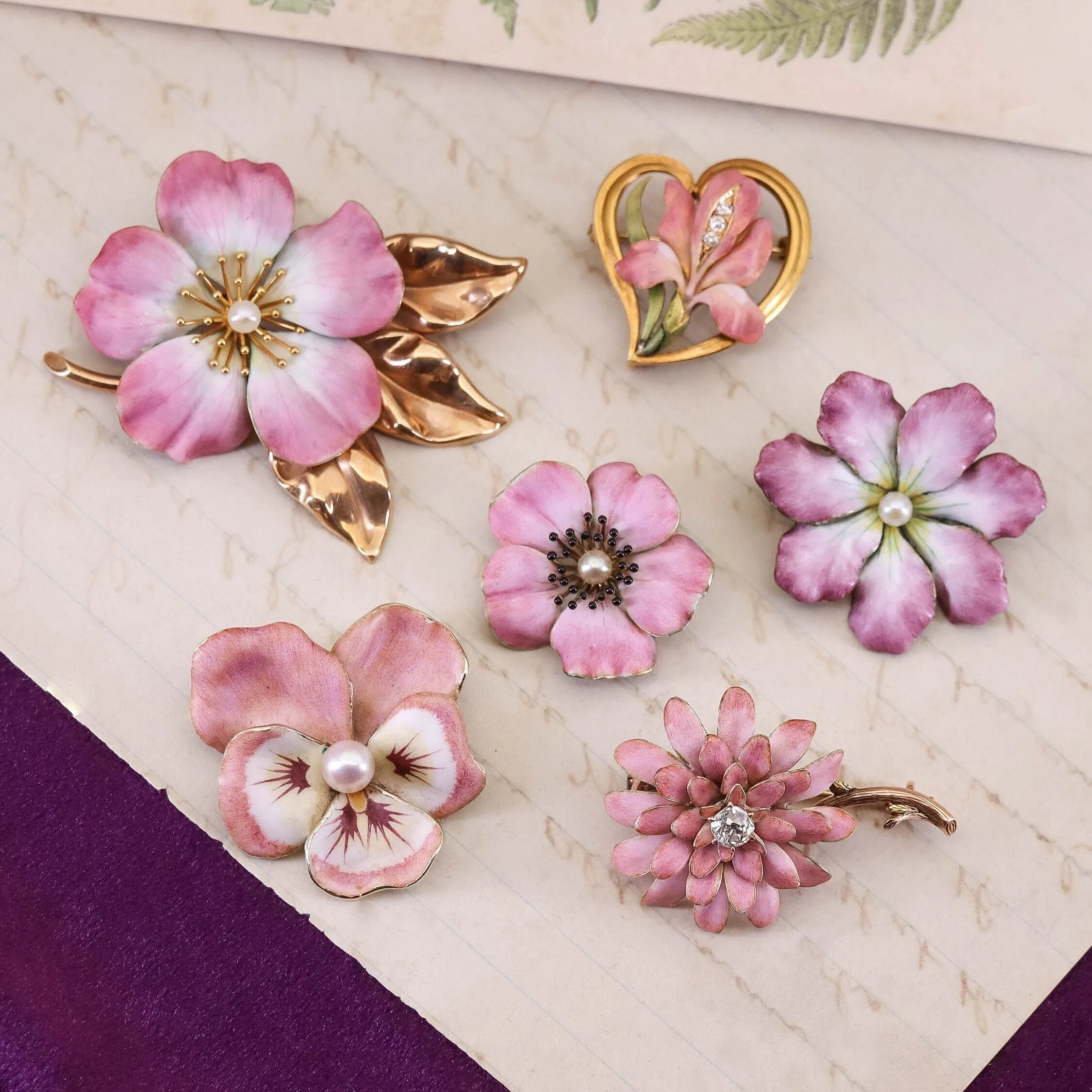 Antique Pink Enamel and Diamond Flower Brooch of 14k Gold