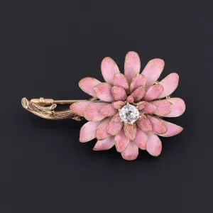 Antique Pink Enamel and Diamond Flower Brooch of 14k Gold