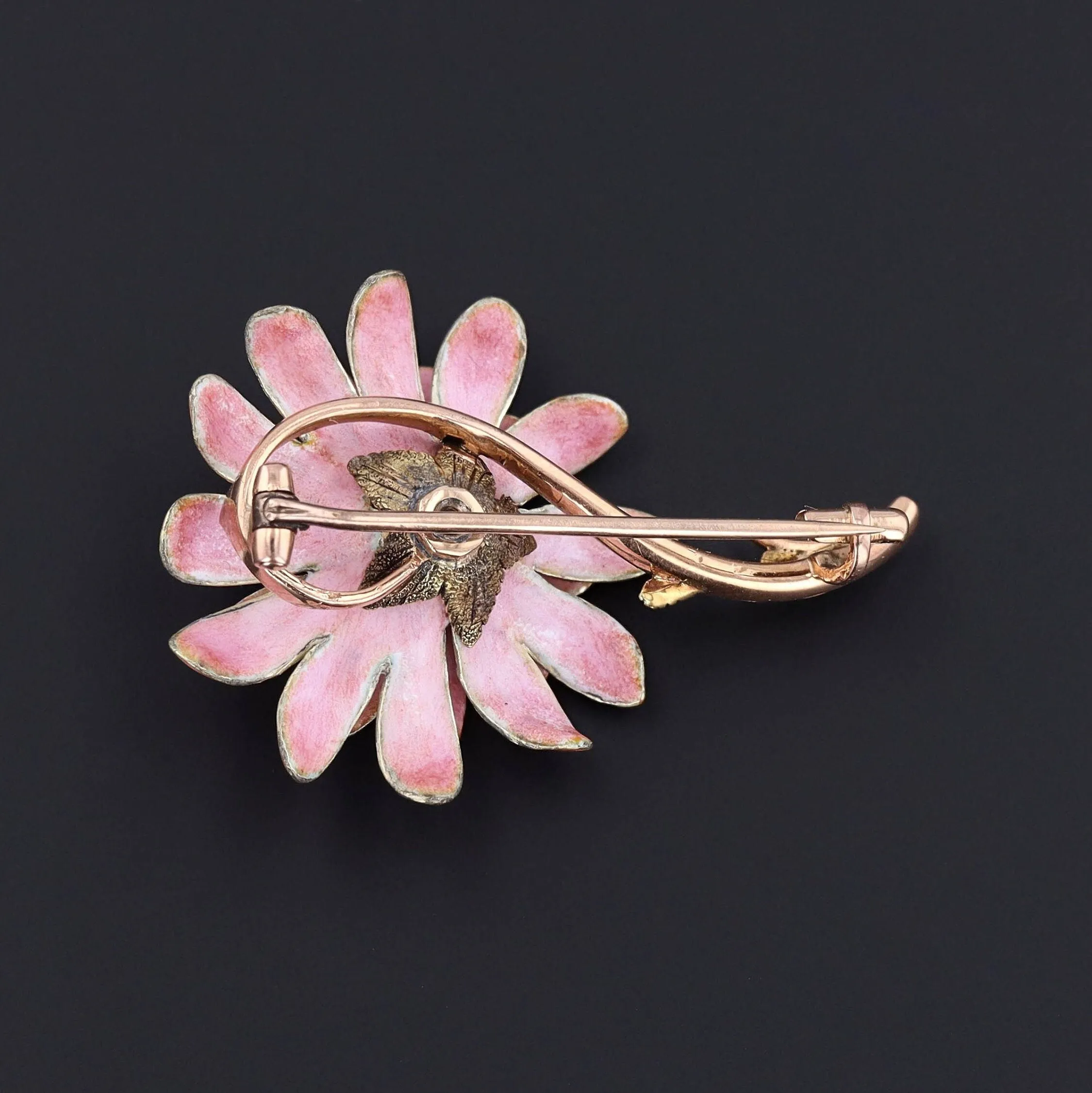 Antique Pink Enamel and Diamond Flower Brooch of 14k Gold