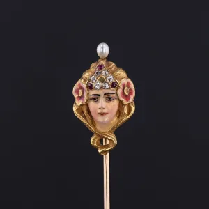 Antique Stickpin | Art Nouveau Enamel Woman Stickpin