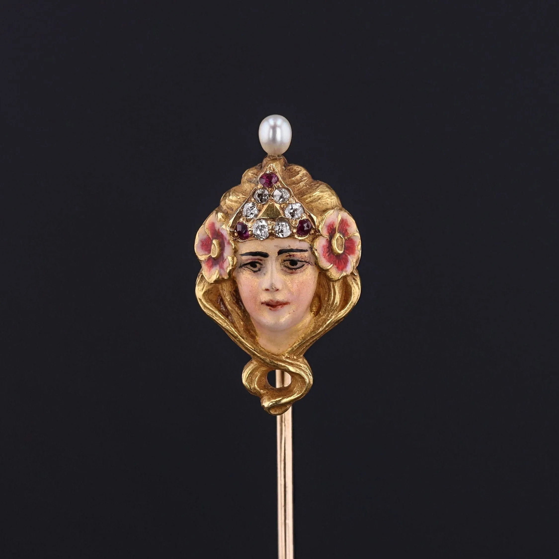 Antique Stickpin | Art Nouveau Enamel Woman Stickpin