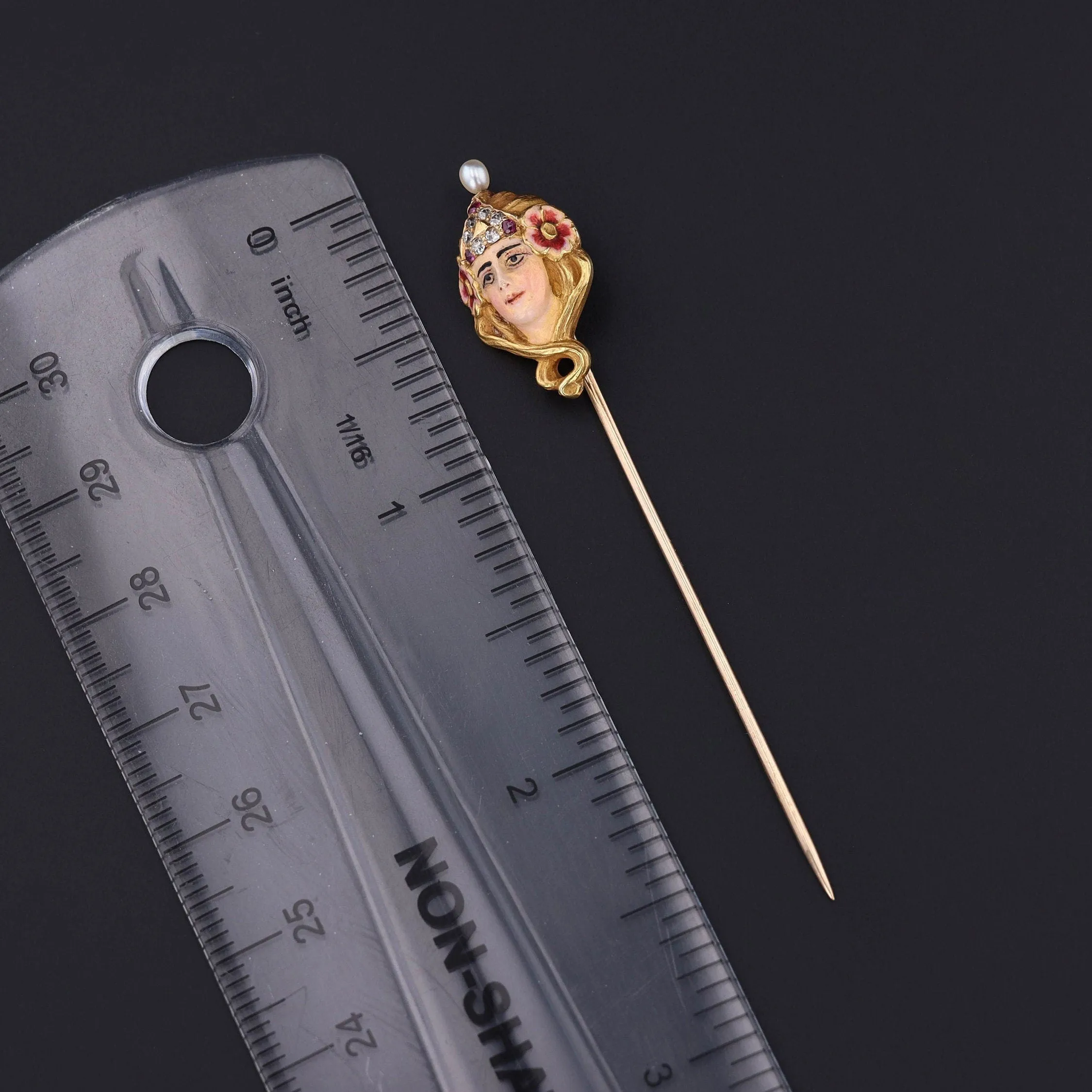 Antique Stickpin | Art Nouveau Enamel Woman Stickpin