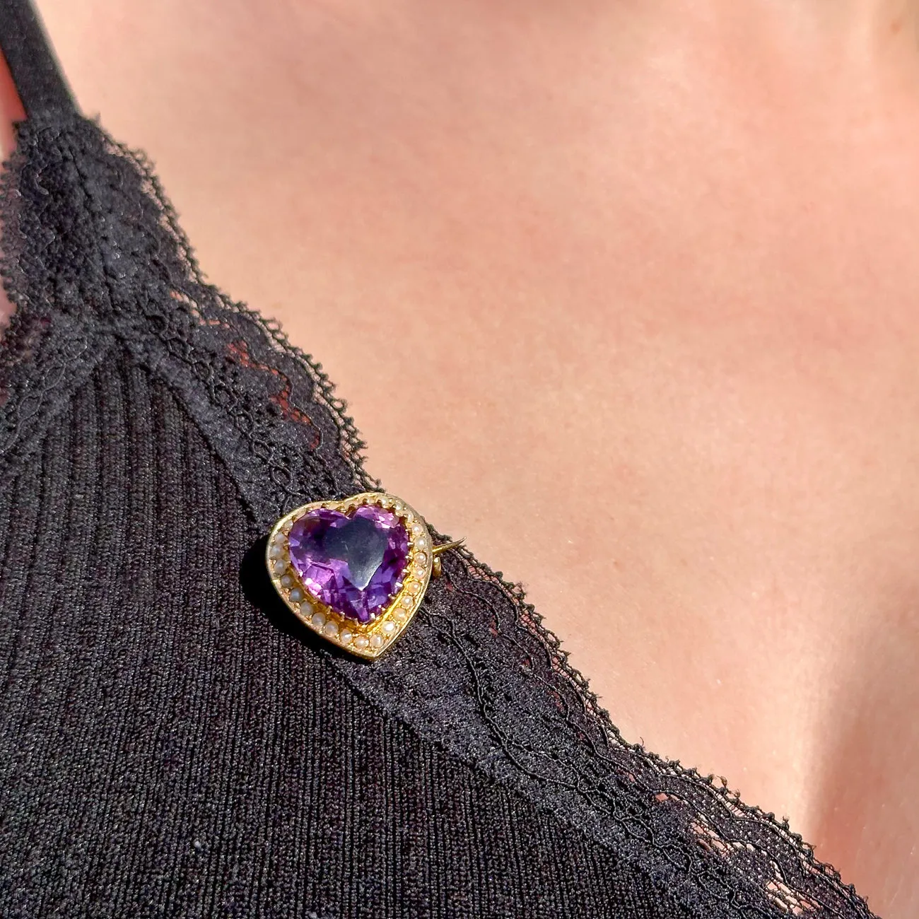 Antique Victorian Amethyst Pearl Heart Brooch 18ct Gold