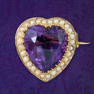 Antique Victorian Amethyst Pearl Heart Brooch 18ct Gold