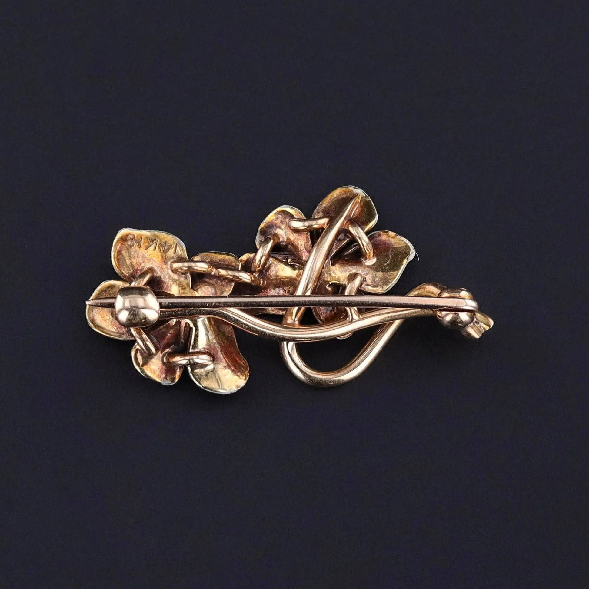 Antique White Violet Brooch of 14k Gold