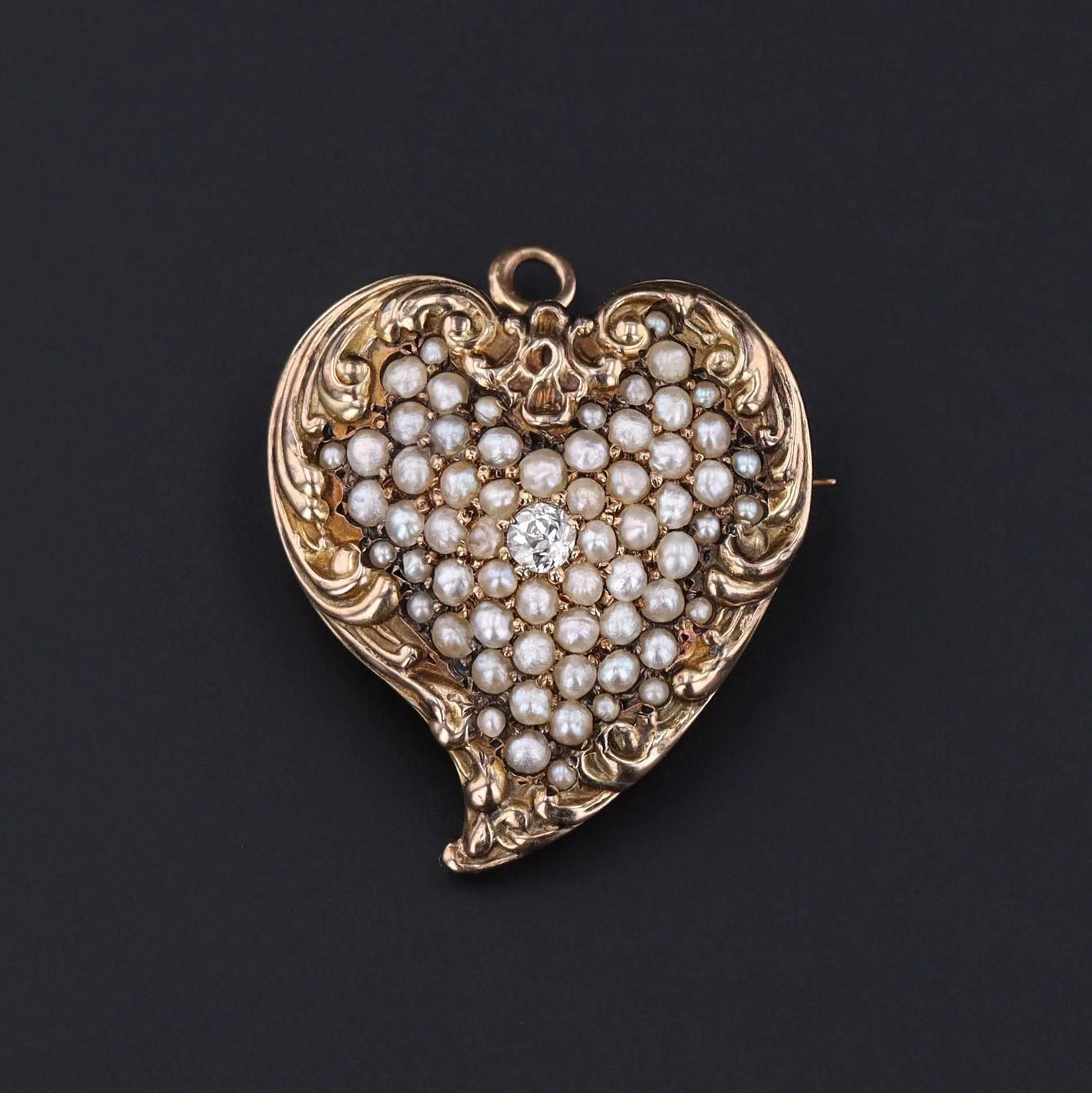 Antique Witch's Heart Pendant or Brooch | Pearl & Diamond Heart