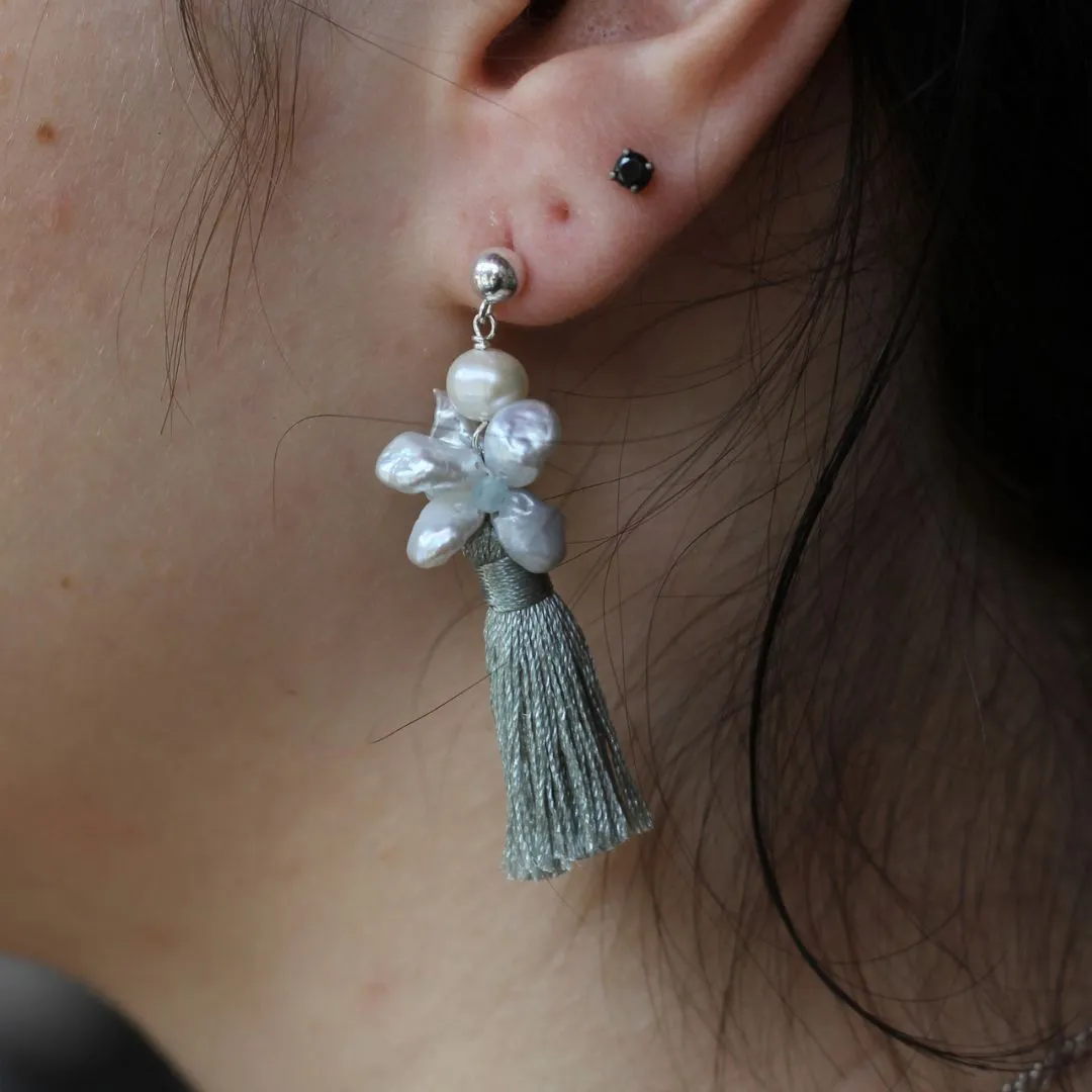 Aquamarine and Pearl Tassle Earrings