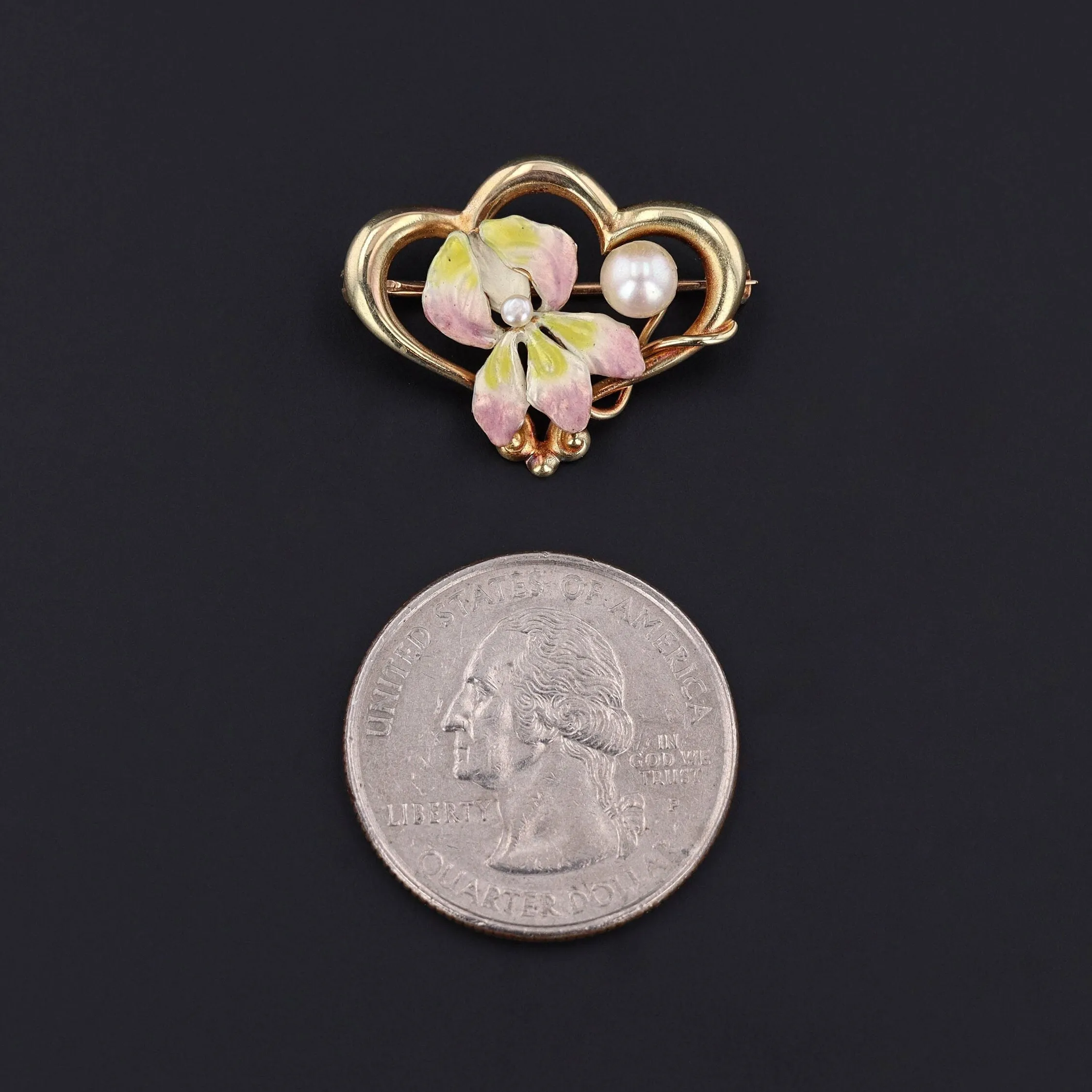 Art Nouveau Enamel Flower Brooch of 14K Gold