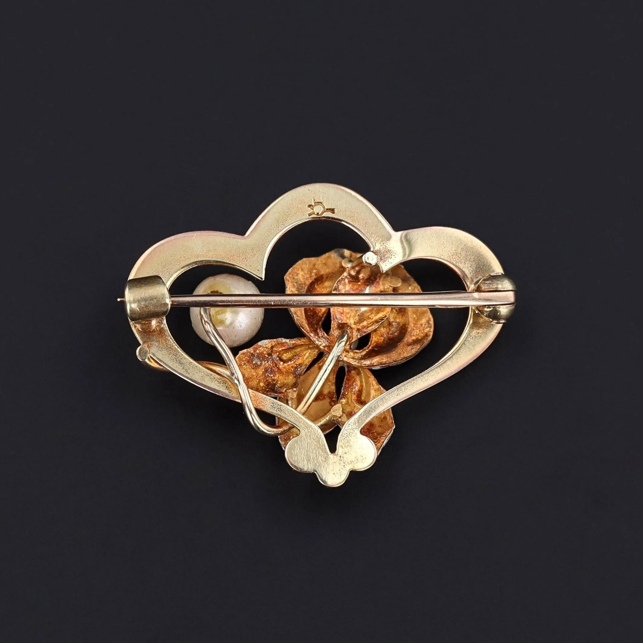 Art Nouveau Enamel Flower Brooch of 14K Gold