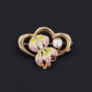 Art Nouveau Enamel Flower Brooch of 14K Gold