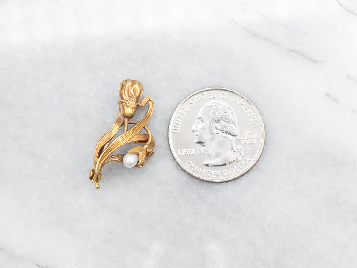 Art Nouveau Era Tulip Flower Brooch with Pearl Accent