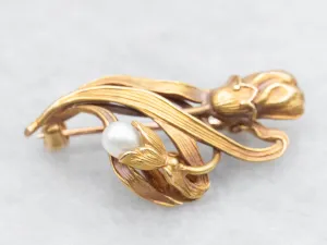Art Nouveau Era Tulip Flower Brooch with Pearl Accent
