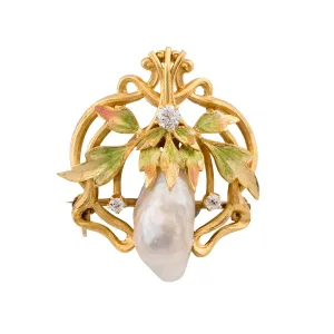 Art Nouveau Natural River Pearl, Enamel, & Mine Cut Diamond Foliate Motif Brooch