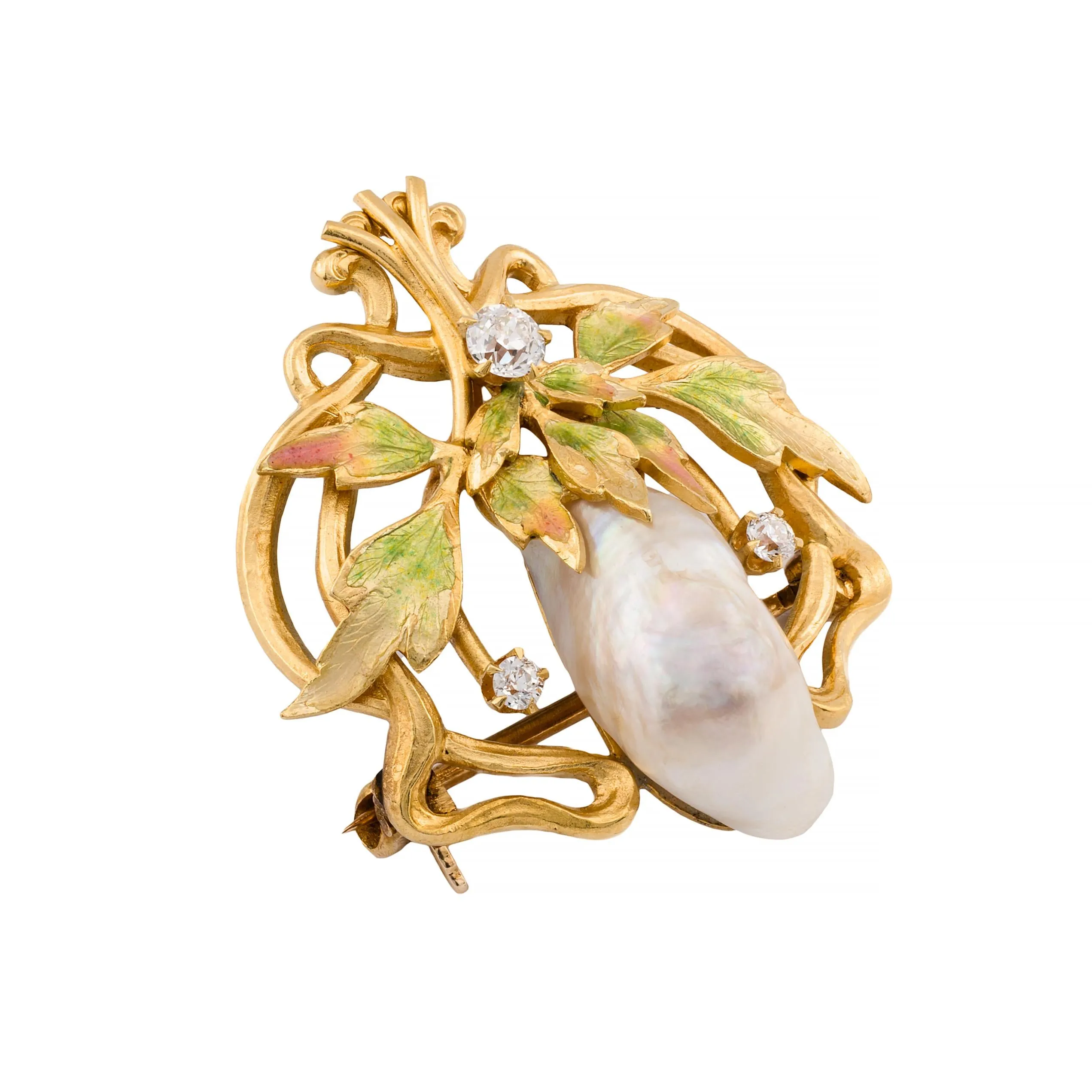 Art Nouveau Natural River Pearl, Enamel, & Mine Cut Diamond Foliate Motif Brooch