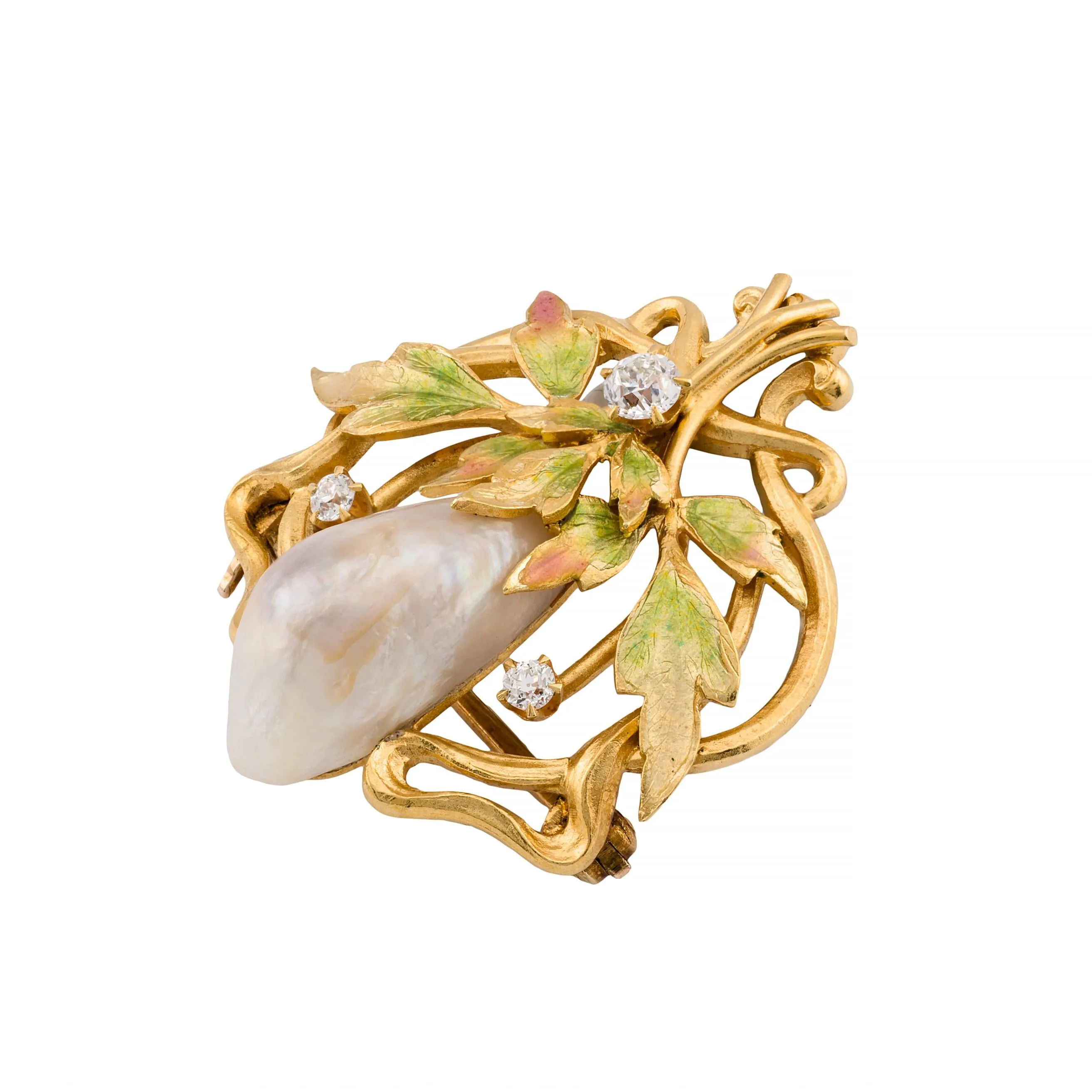 Art Nouveau Natural River Pearl, Enamel, & Mine Cut Diamond Foliate Motif Brooch
